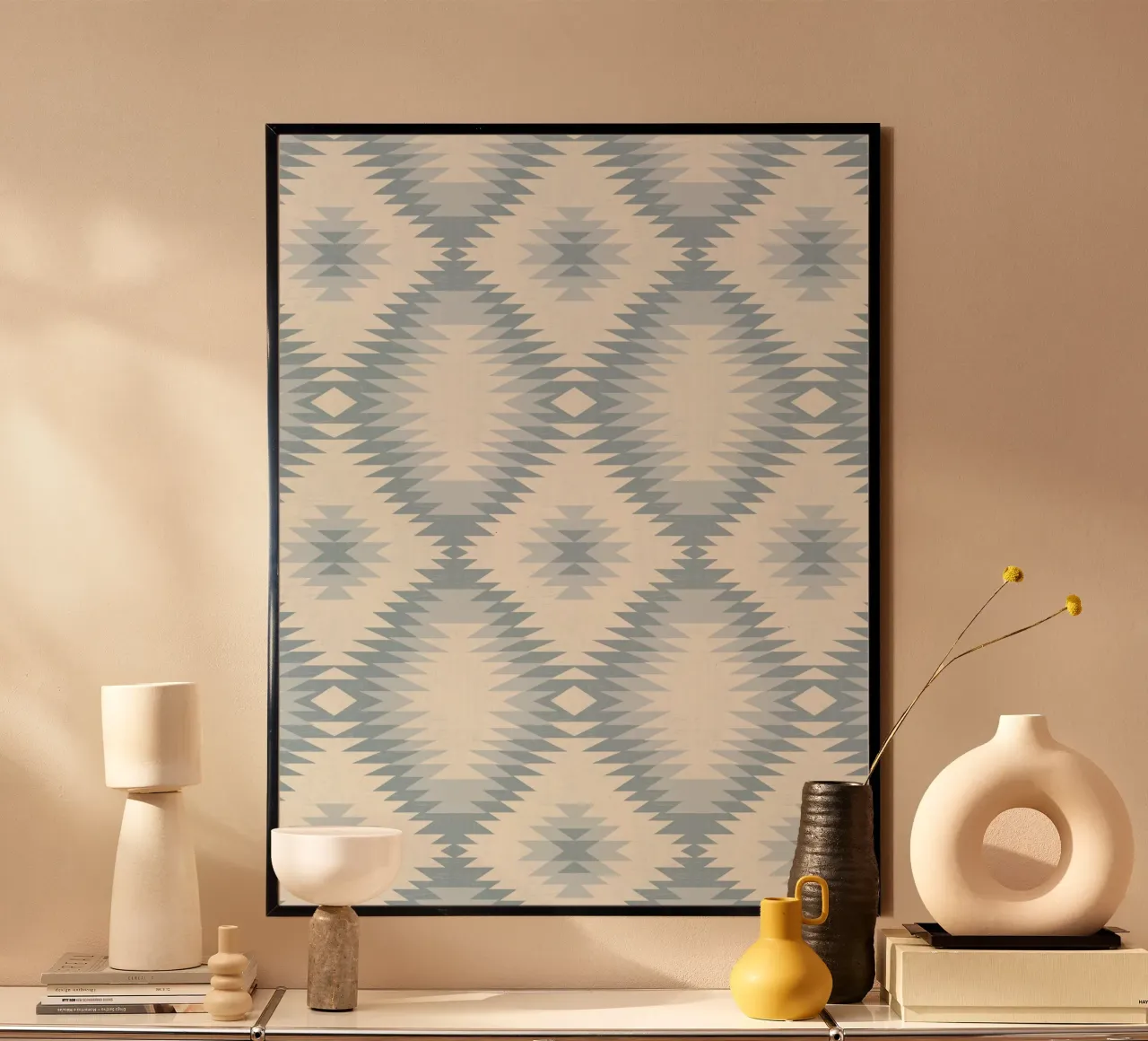 Soft Blue Aztec Diamond – Minimal Tribal Art Print poster with wooden frame by Studio Birchwood