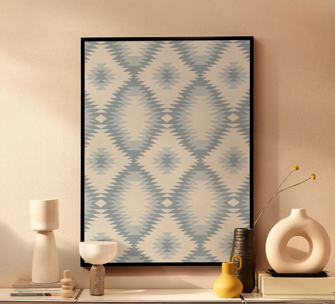 Soft Blue Aztec Diamond – Minimal Tribal Art Print poster with wooden frame by Studio Birchwood