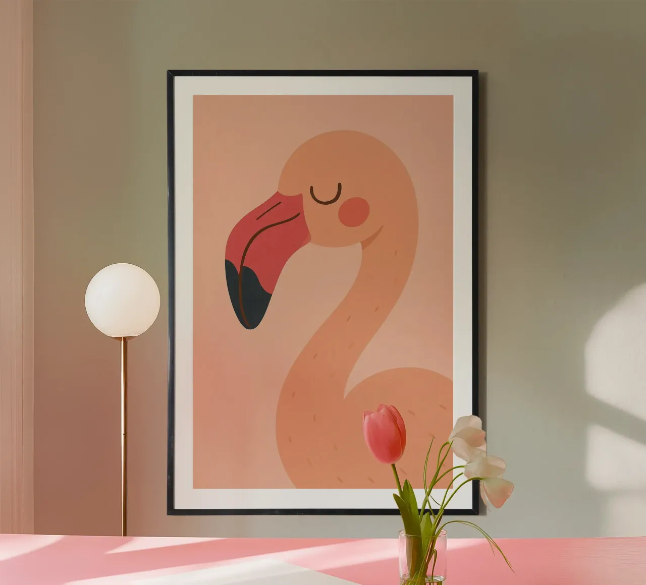 Fenicottero rosa - Animale per bambini poster con telaio in legno da Tiny Tails & Stripes