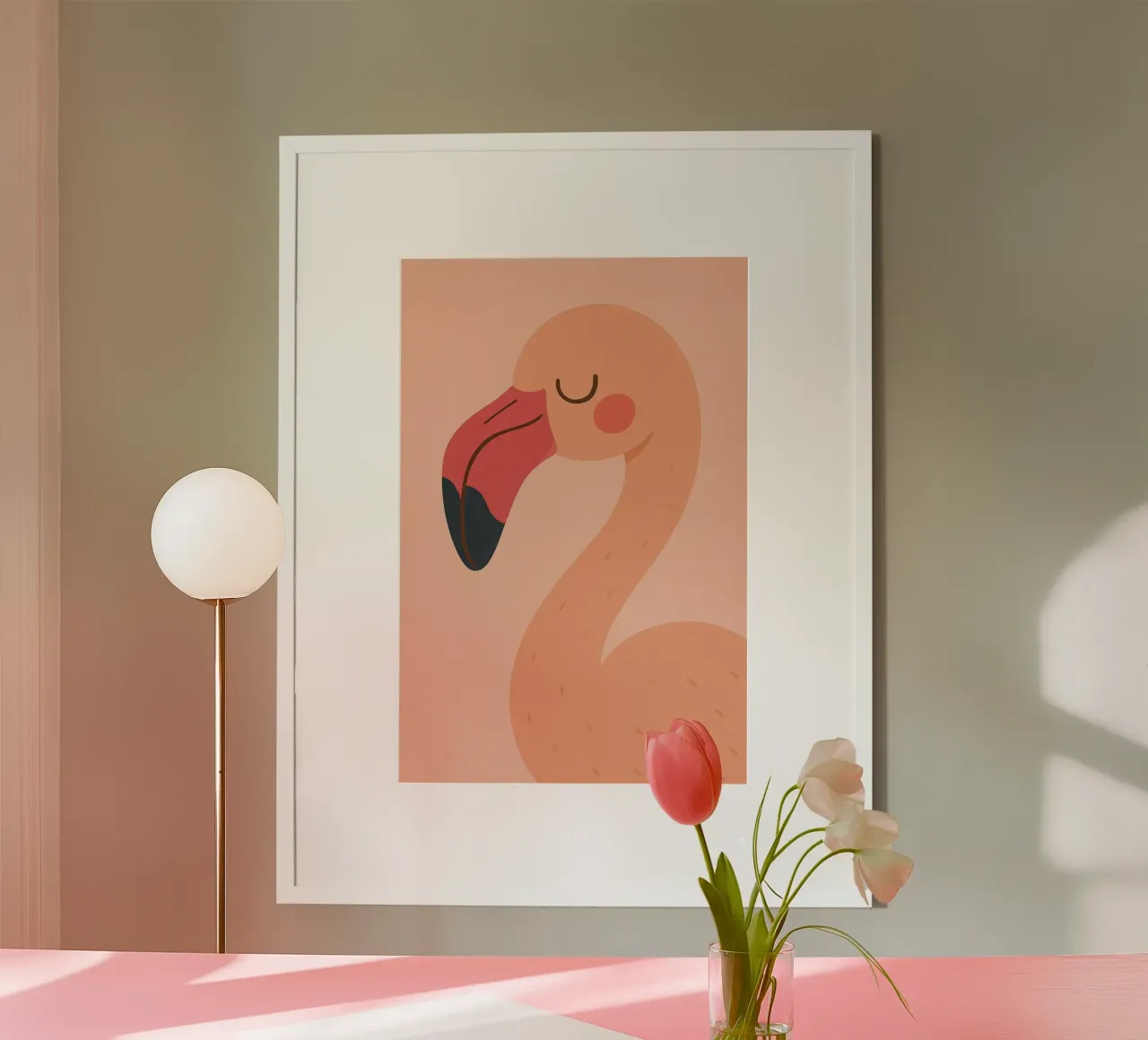 Fenicottero rosa - Animale per bambini poster con telaio in legno da Tiny Tails & Stripes