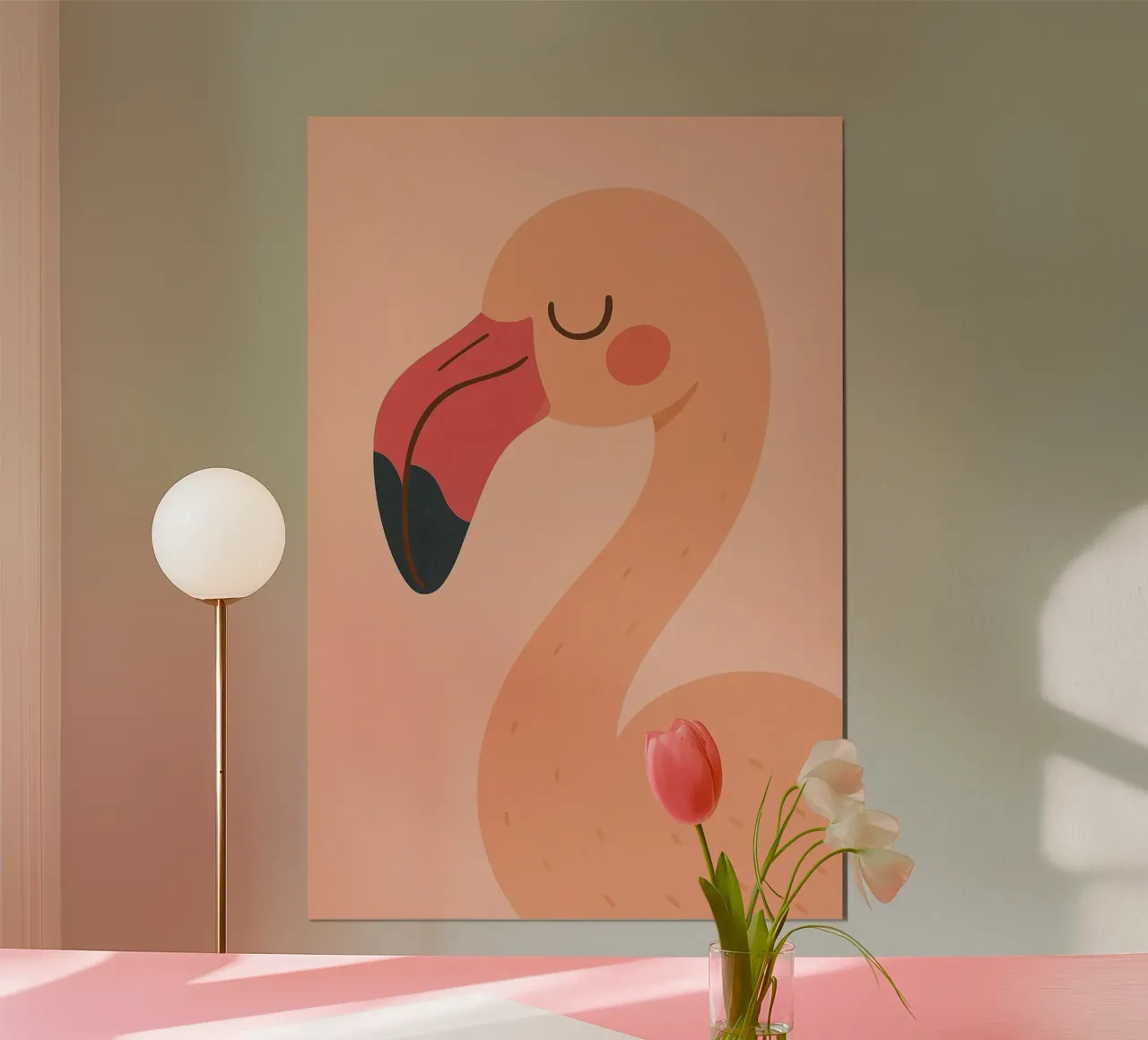 Fenicottero rosa - Animale per bambini poster con telaio in legno da Tiny Tails & Stripes