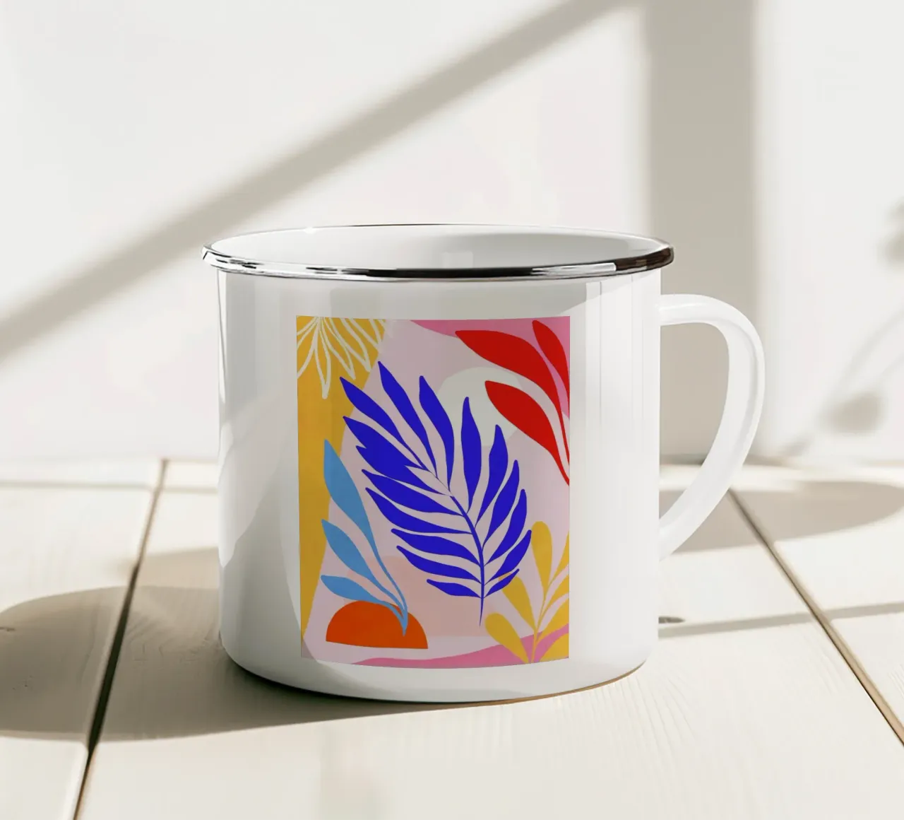 Foglie estive di dopamina - Arte tropicale ispirata a Matisse tazza in smalto da Dominique Vari
