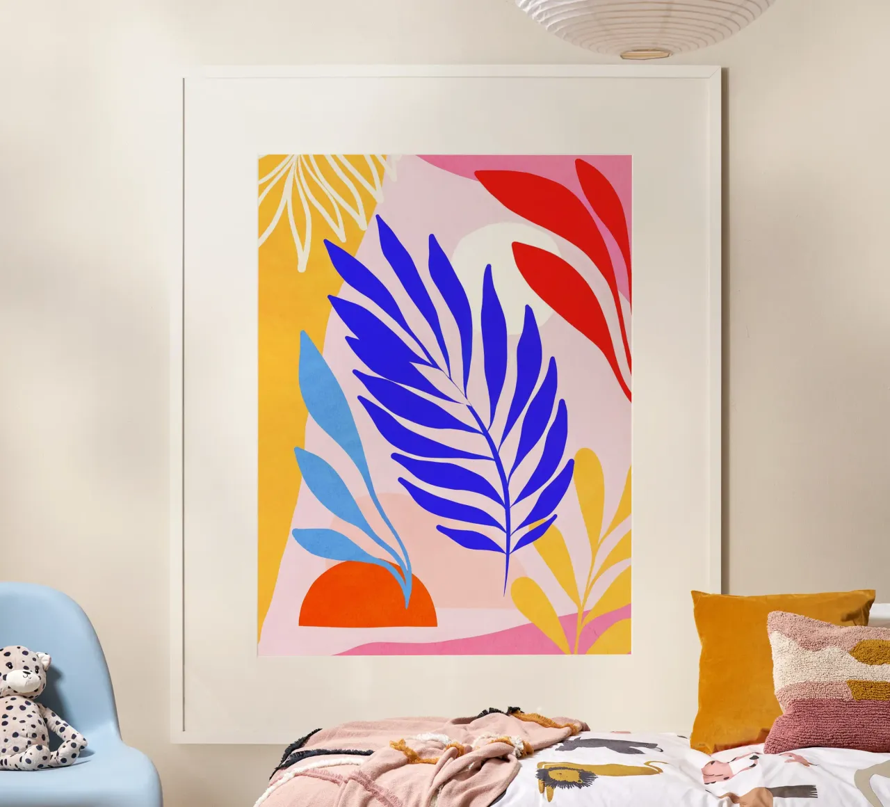 Foglie estive di dopamina - Arte tropicale ispirata a Matisse poster con telaio in plastica da Dominique Vari