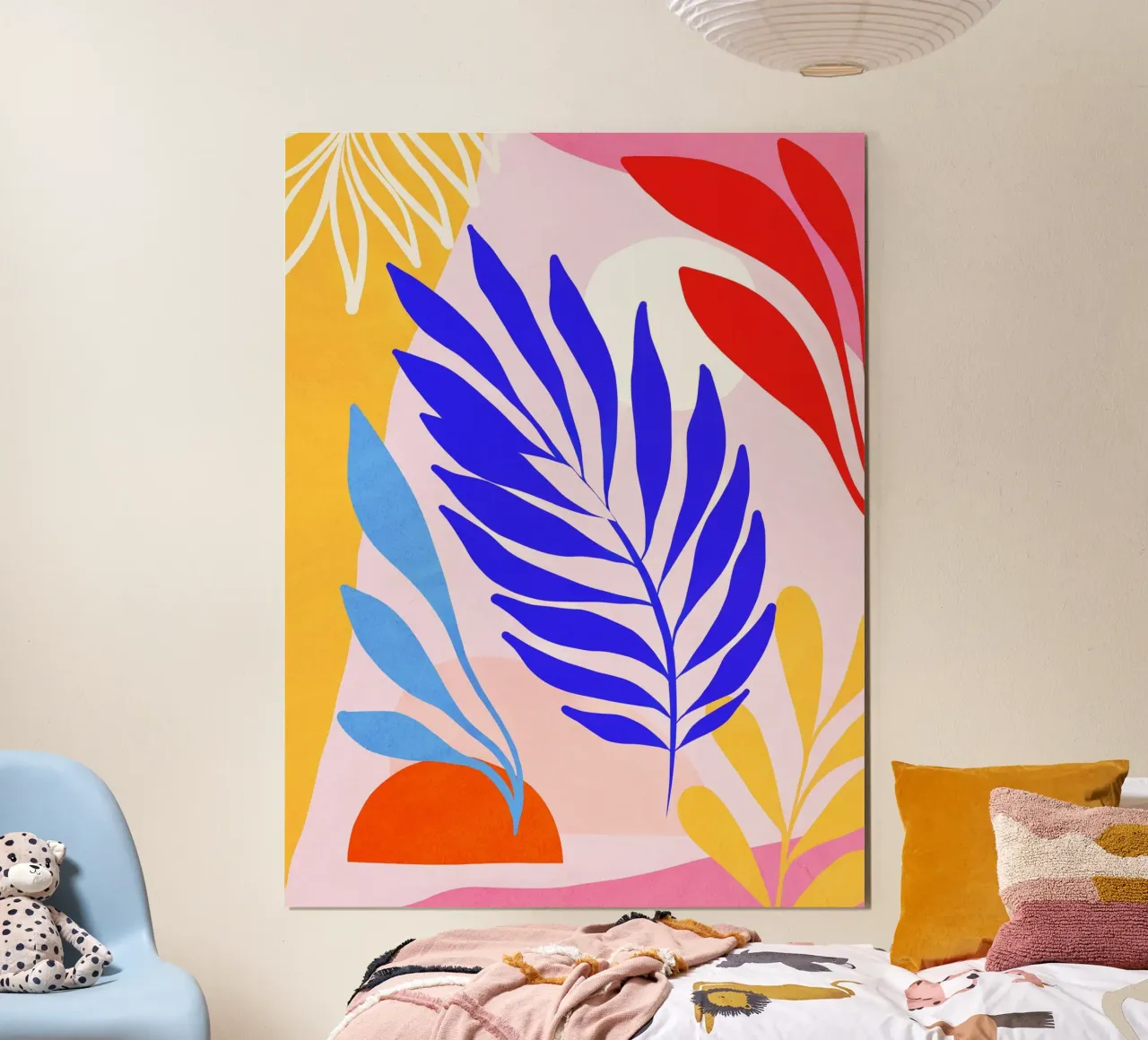 Foglie estive di dopamina - Arte tropicale ispirata a Matisse poster con telaio in plastica da Dominique Vari