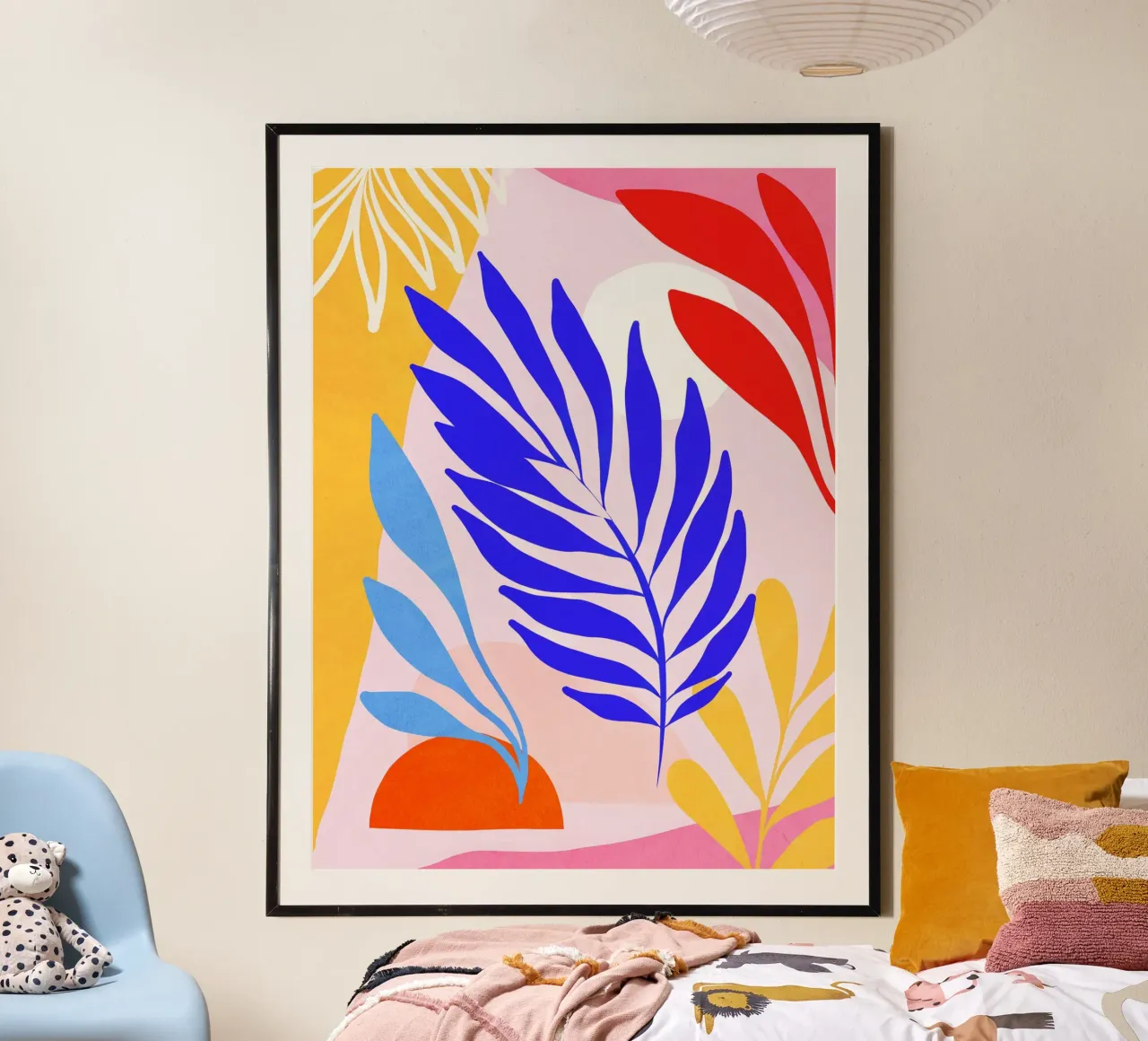 Foglie estive di dopamina - Arte tropicale ispirata a Matisse poster con telaio in plastica da Dominique Vari