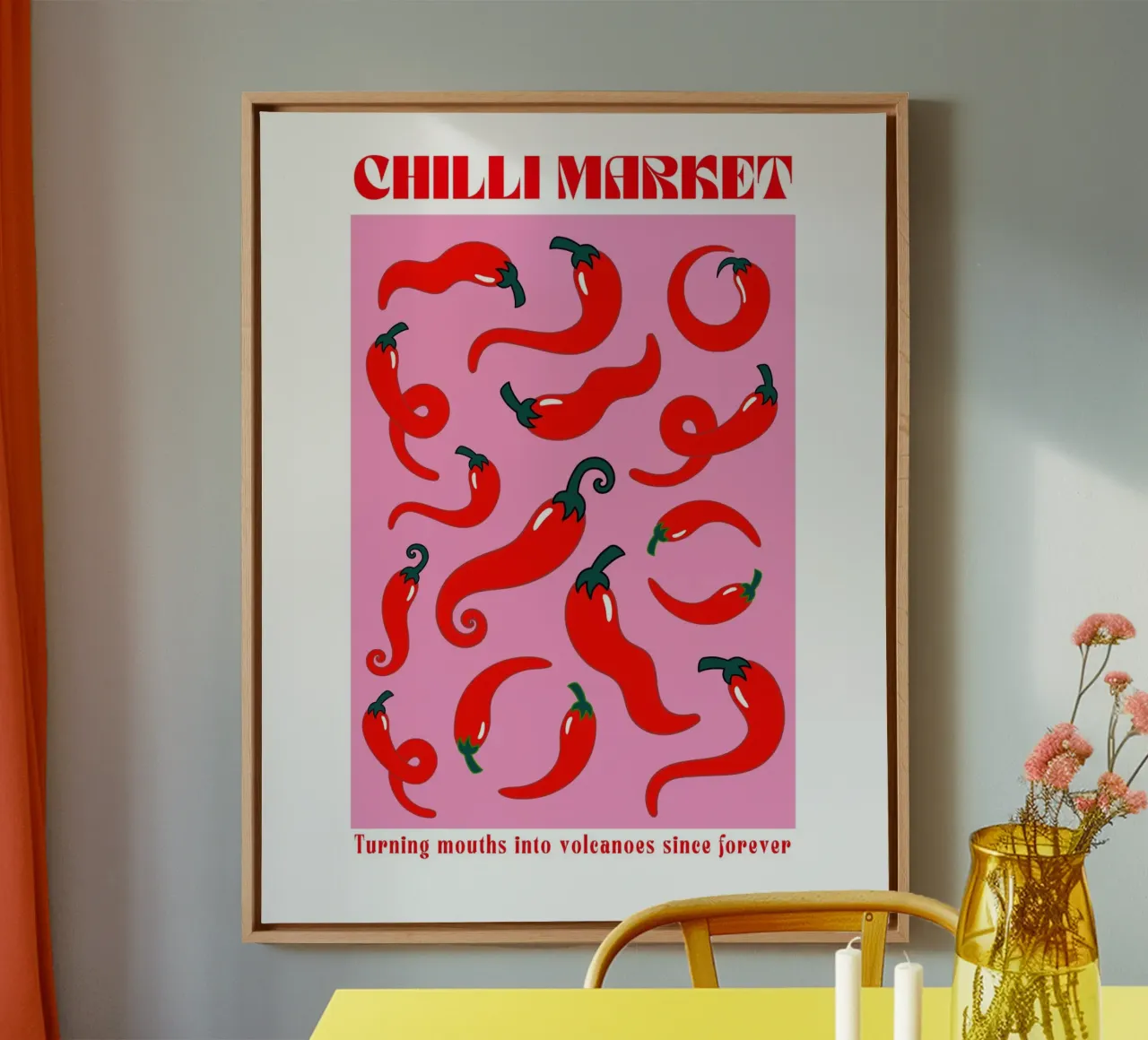 Chilli Print, Trendy Muurkunst, Roze Poster canvas met Baklijst van PrintStudio