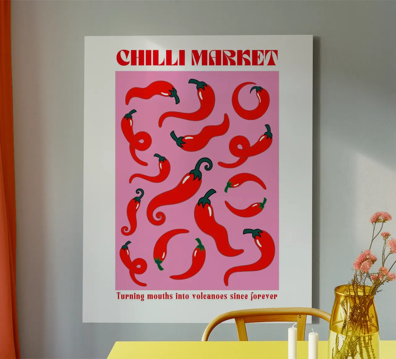 Chilli Print, Trendy Muurkunst, Roze Poster canvas met Baklijst van PrintStudio