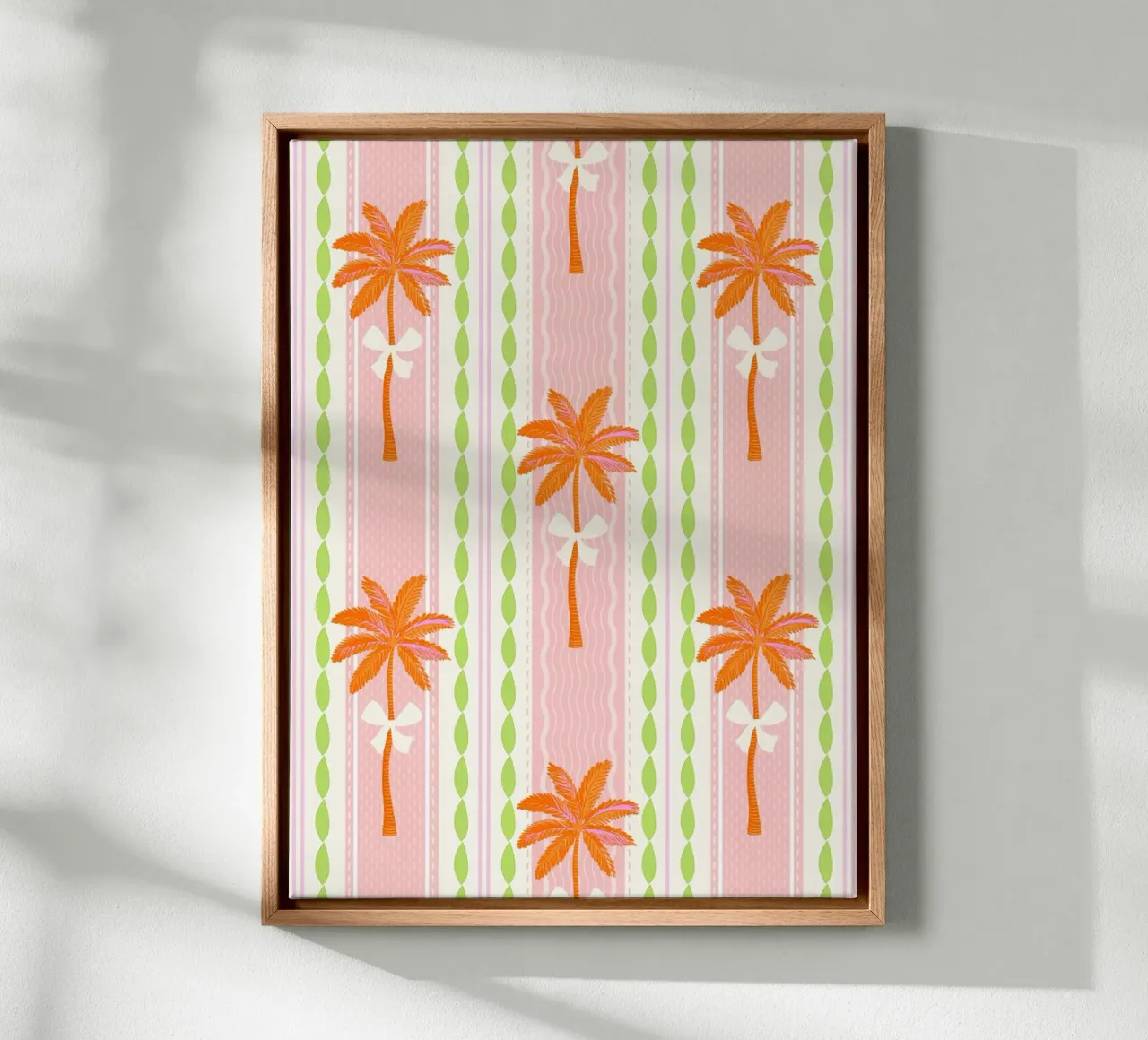 Preppy Palms & Bows Tropical Grandmillennial Stripe Pattern canvas with Floater frame by Dominique Vari