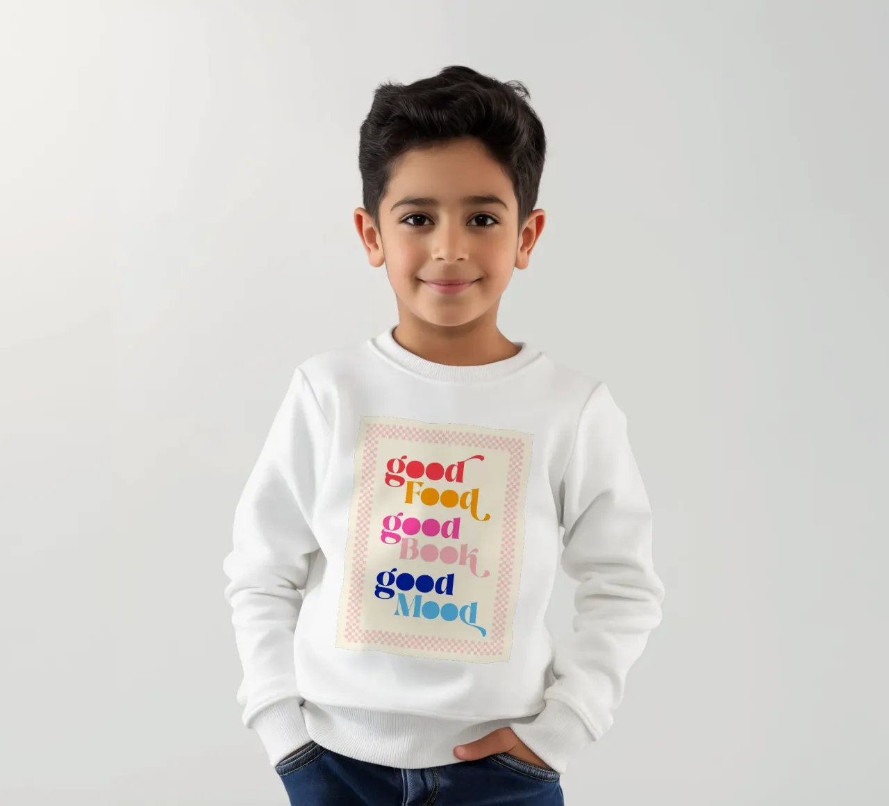 Good Food, Good Cook, Good Mood • Kitchen Art kids sweatshirt by Dominique Vari Words