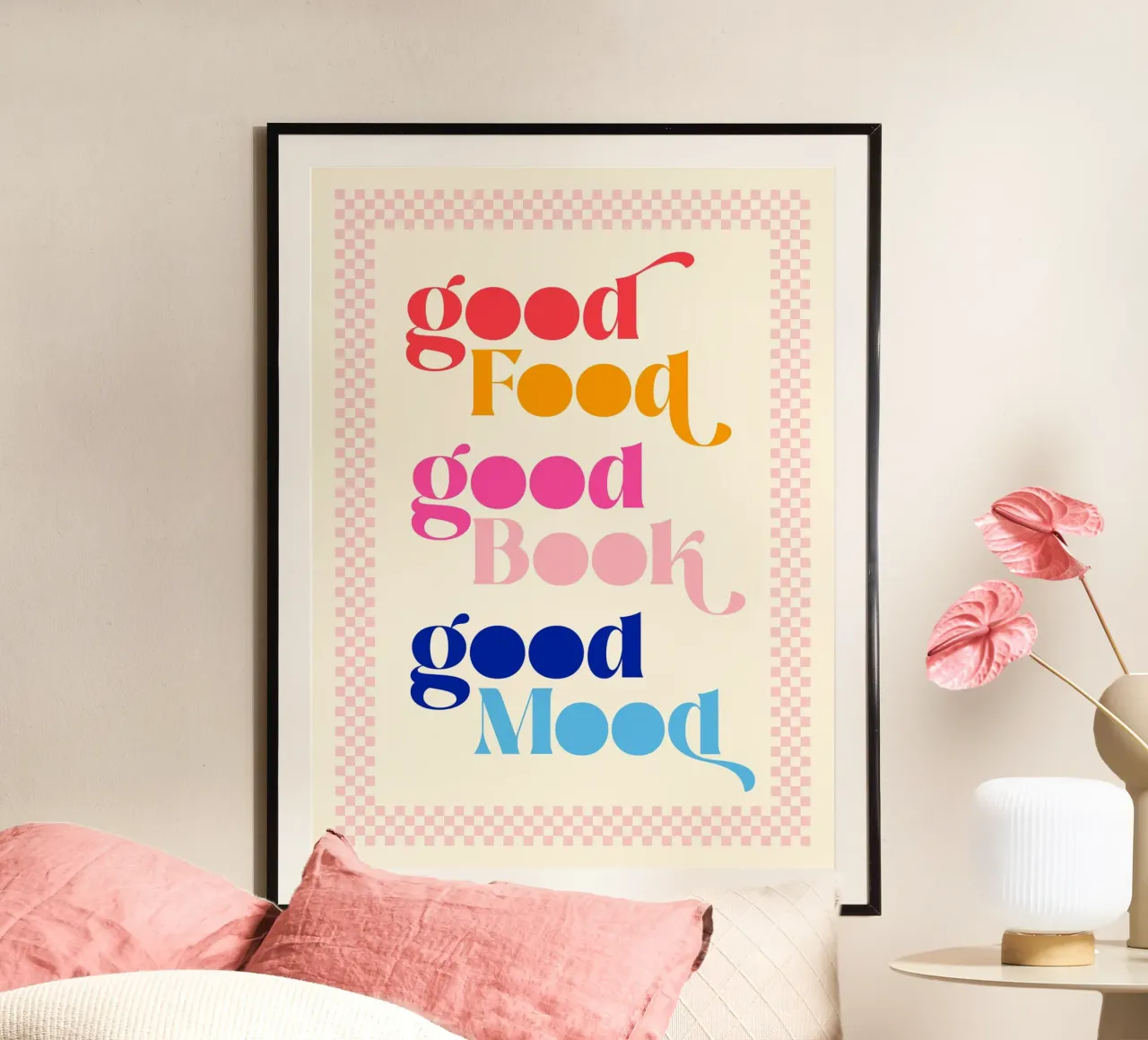 Buon cibo, buon cuoco, buon umore - Arte in cucina poster con telaio in alluminio da Dominique Vari Words