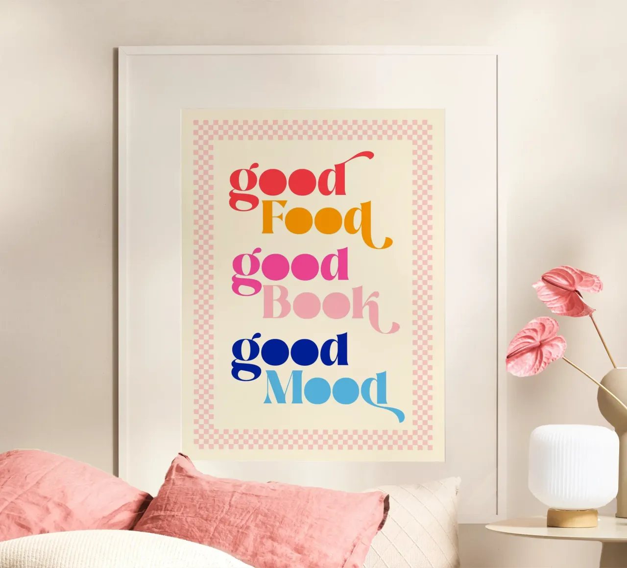 Buon cibo, buon cuoco, buon umore - Arte in cucina poster con telaio in alluminio da Dominique Vari Words
