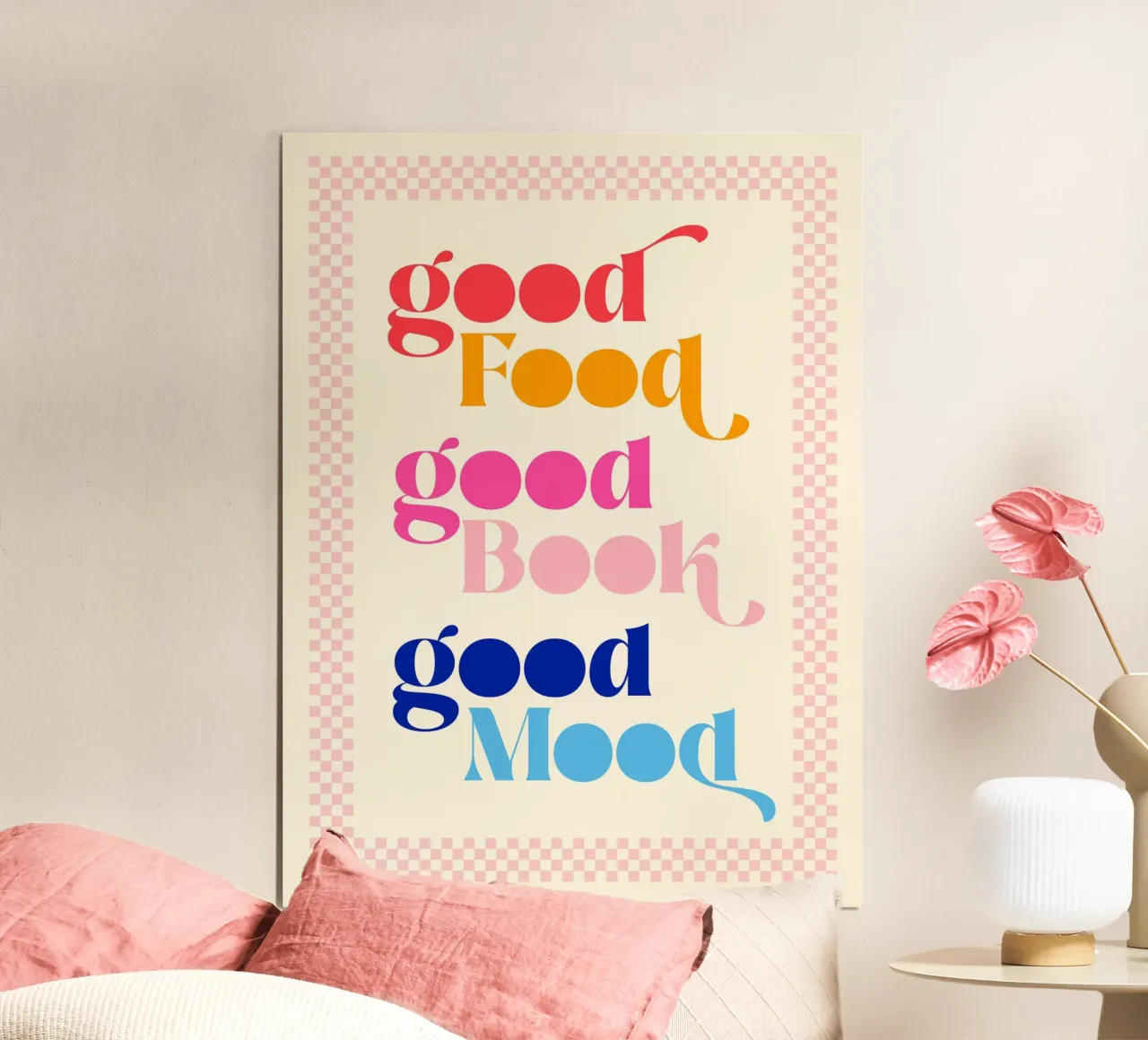 Buon cibo, buon cuoco, buon umore - Arte in cucina poster con telaio in alluminio da Dominique Vari Words