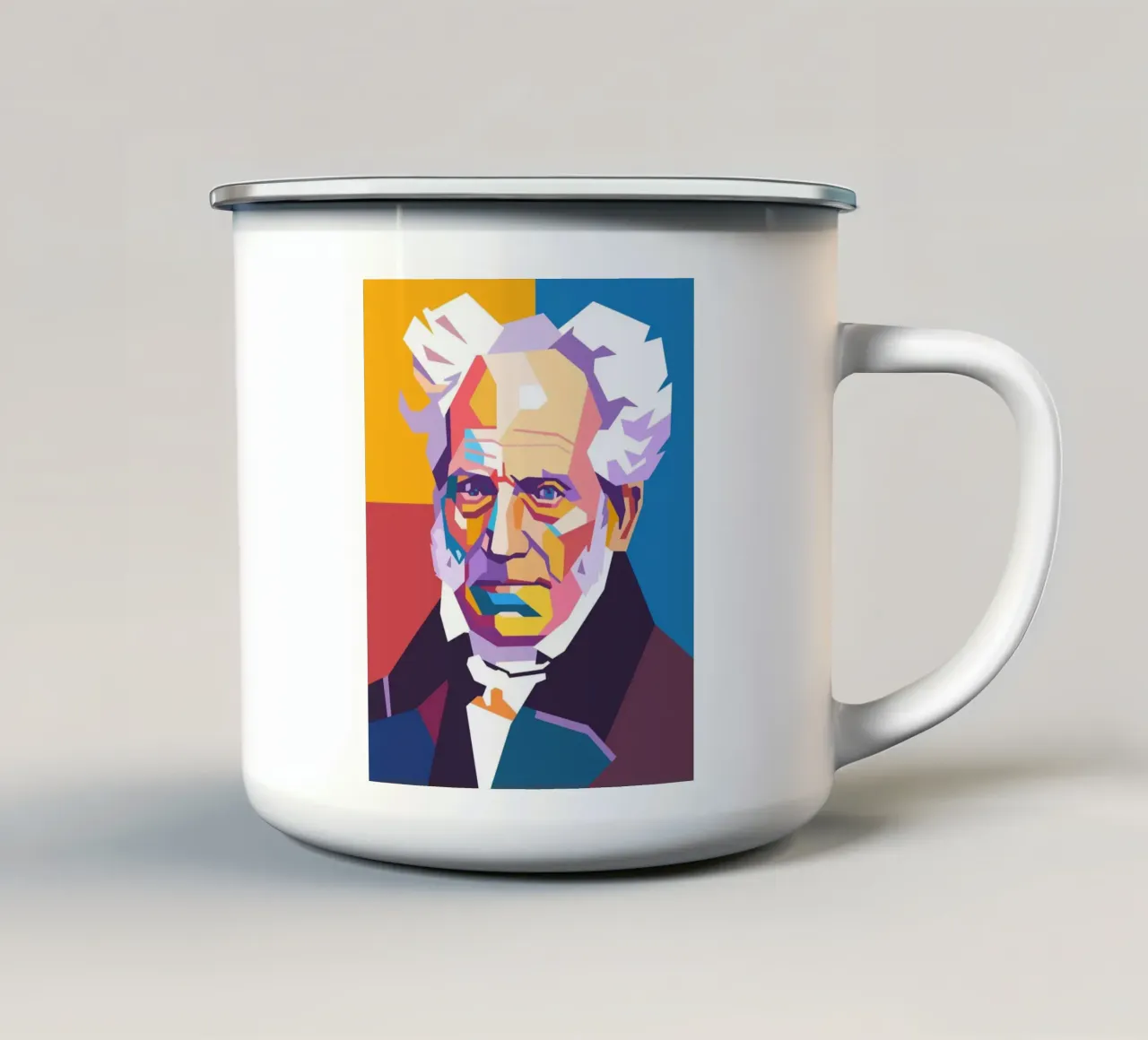 Ritratto pop art di Arthur Schopenhauer tazza in smalto da Hantamrata