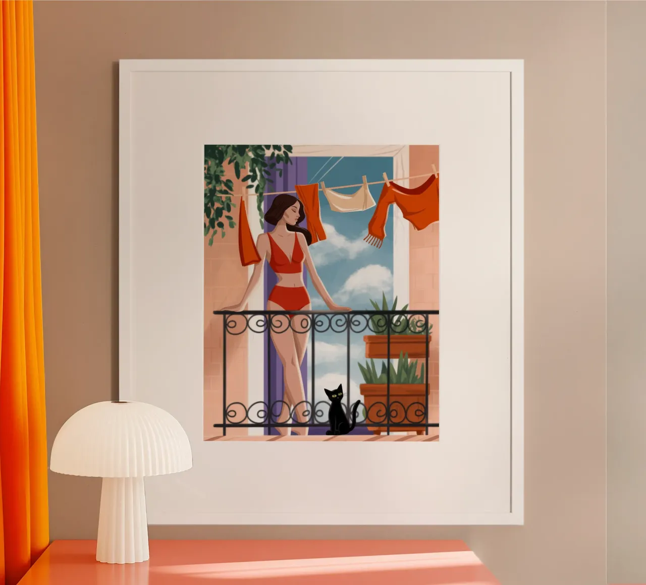 Beatitudine radiosa sul balcone poster con telaio in alluminio da Veiled Canvas
