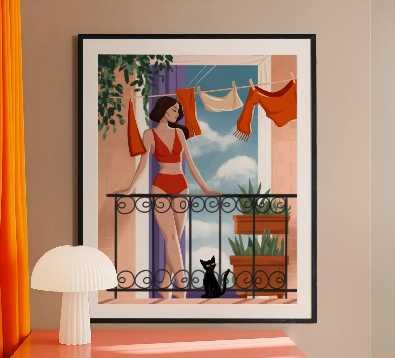 Beatitudine radiosa sul balcone poster con telaio in alluminio da Veiled Canvas