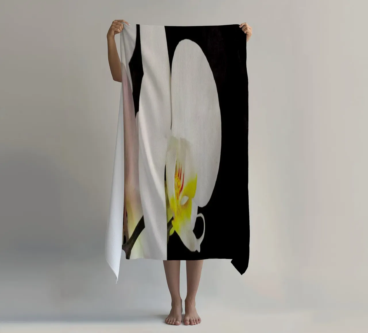 Black and White Orchid beach towel by Cassia Beck Photography