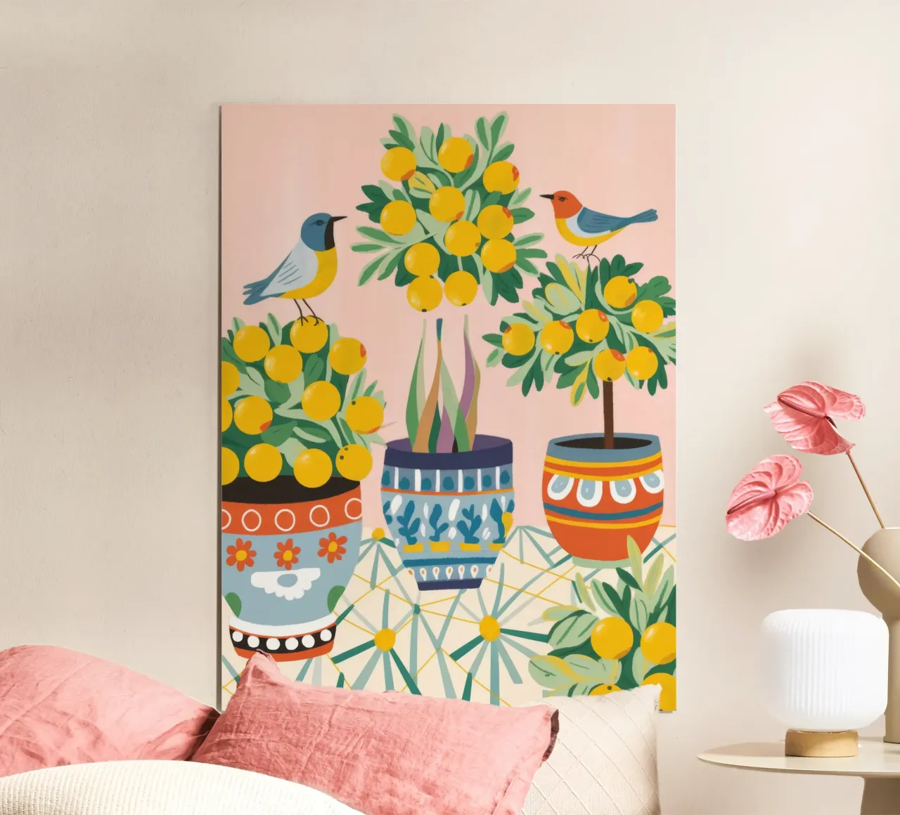 Armonia di uccelli e fiori poster con telaio in legno da Veiled Canvas