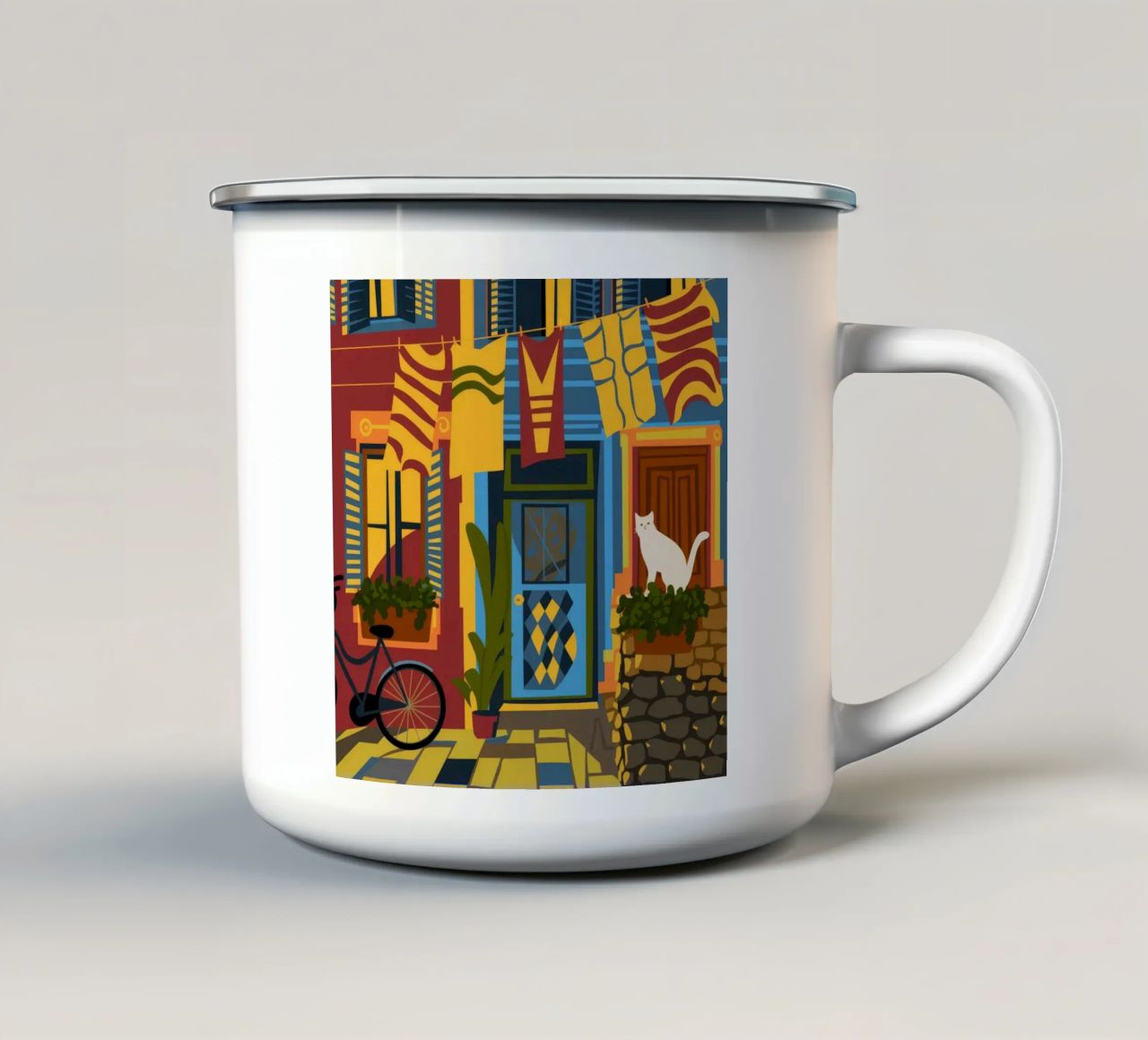 Vita di strada colorata tazza in smalto da Veiled Canvas