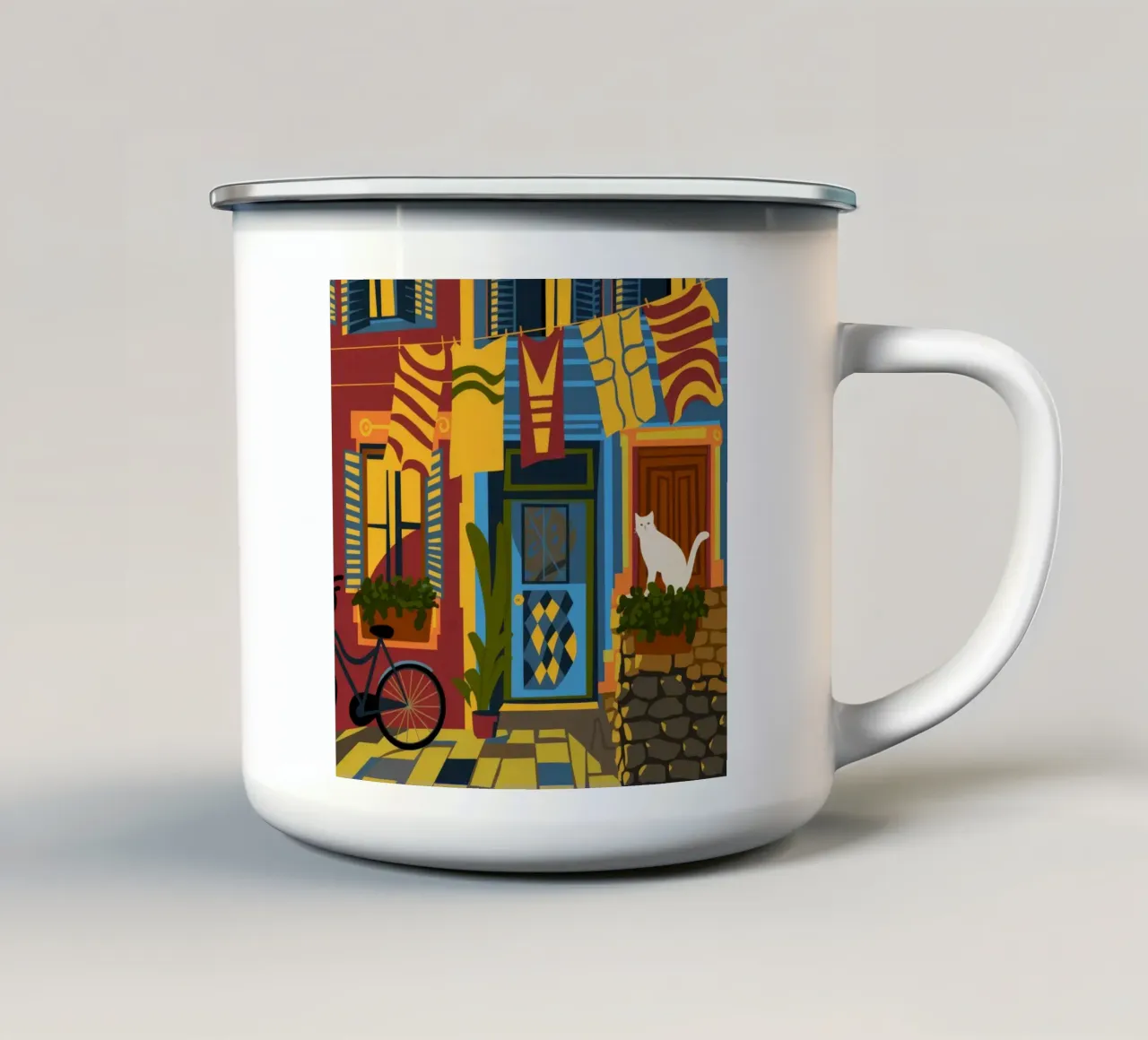 Vita di strada colorata tazza in smalto da Veiled Canvas