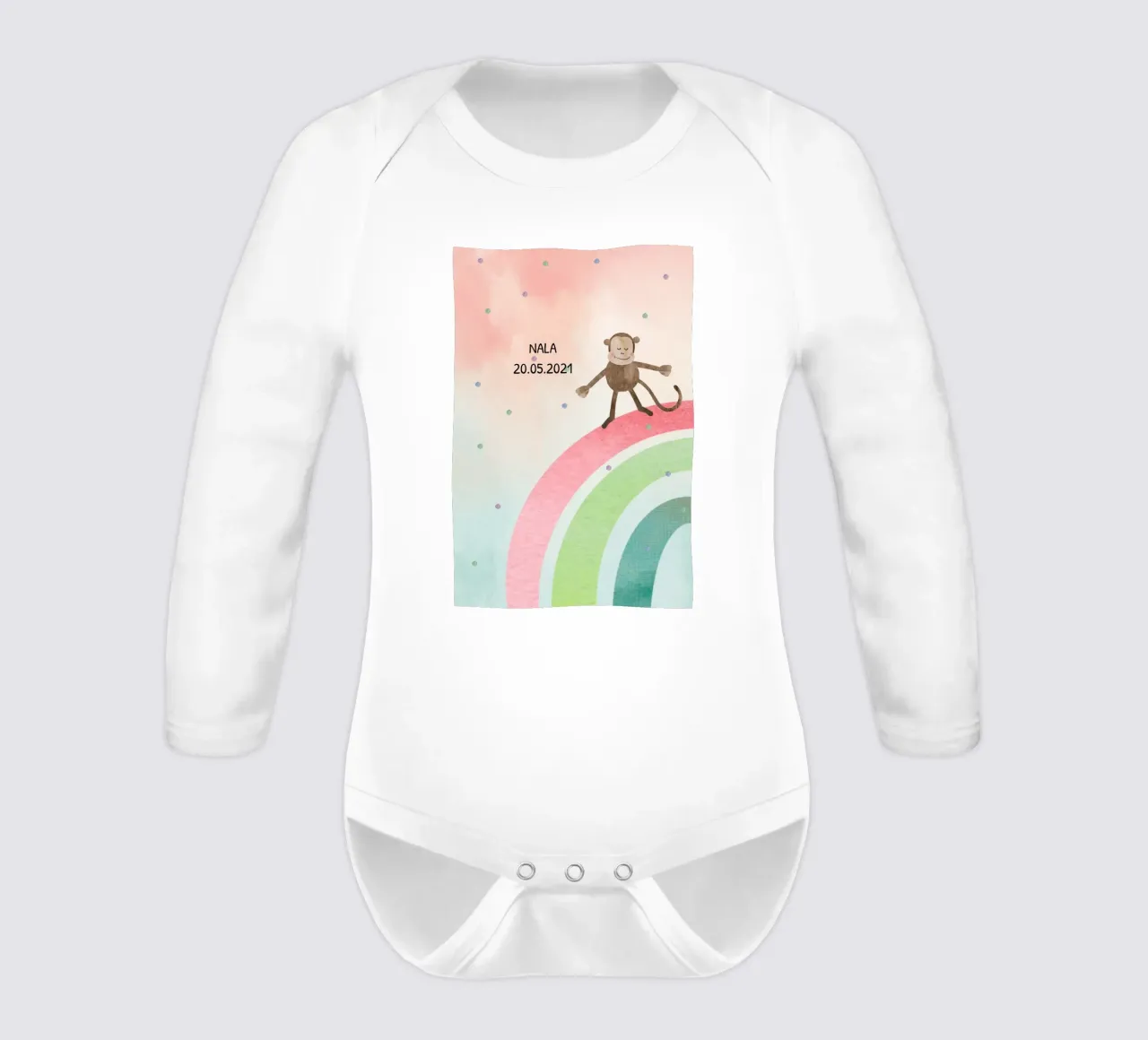 Tanzender Affe auf Regenbogen - Geschwistermotiv 1 long-sleeve baby romper by maramirage