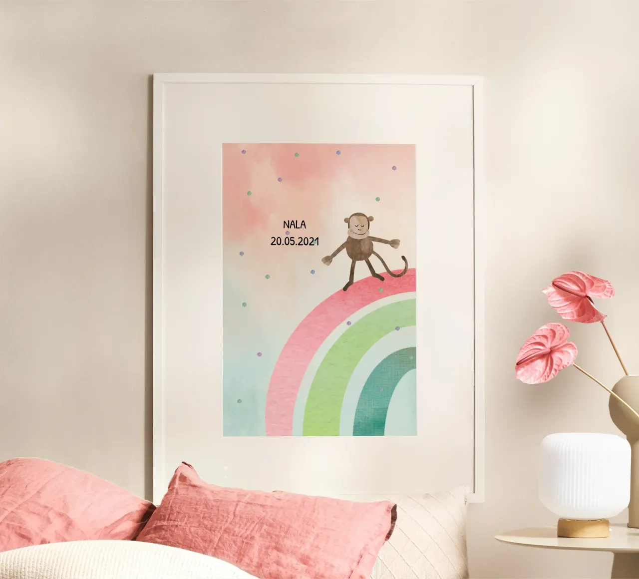 Tanzender Affe auf Regenbogen - Geschwistermotiv 1 poster con telaio in plastica da maramirage