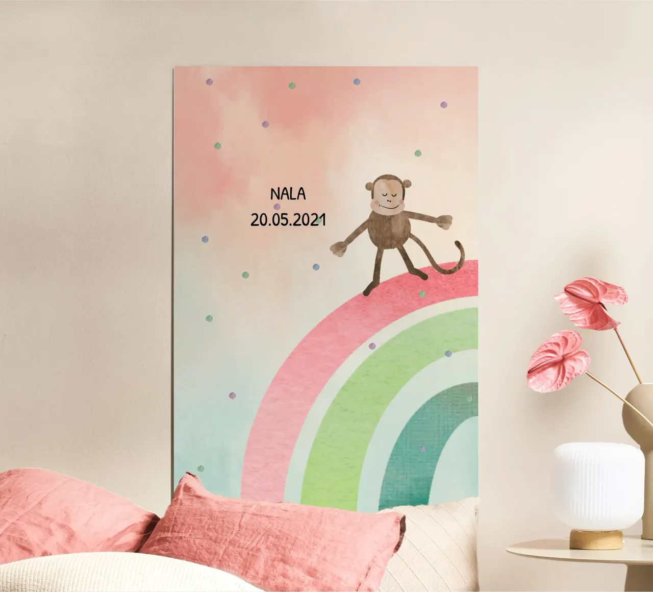 Tanzender Affe auf Regenbogen - Geschwistermotiv 1 poster con telaio in plastica da maramirage