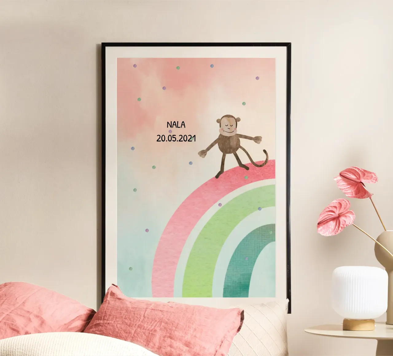 Tanzender Affe auf Regenbogen - Geschwistermotiv 1 poster con telaio in plastica da maramirage