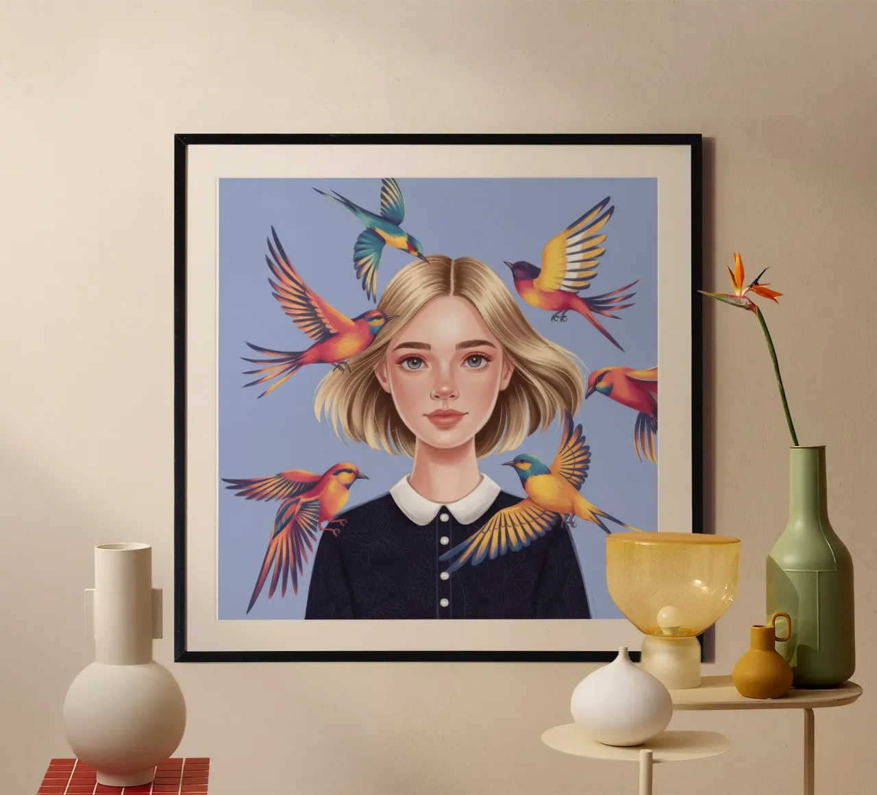 Uccelli Harmony Girl poster con telaio in legno da Nebula Verse