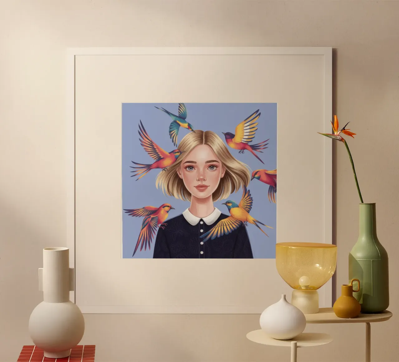 Uccelli Harmony Girl poster con telaio in legno da Nebula Verse