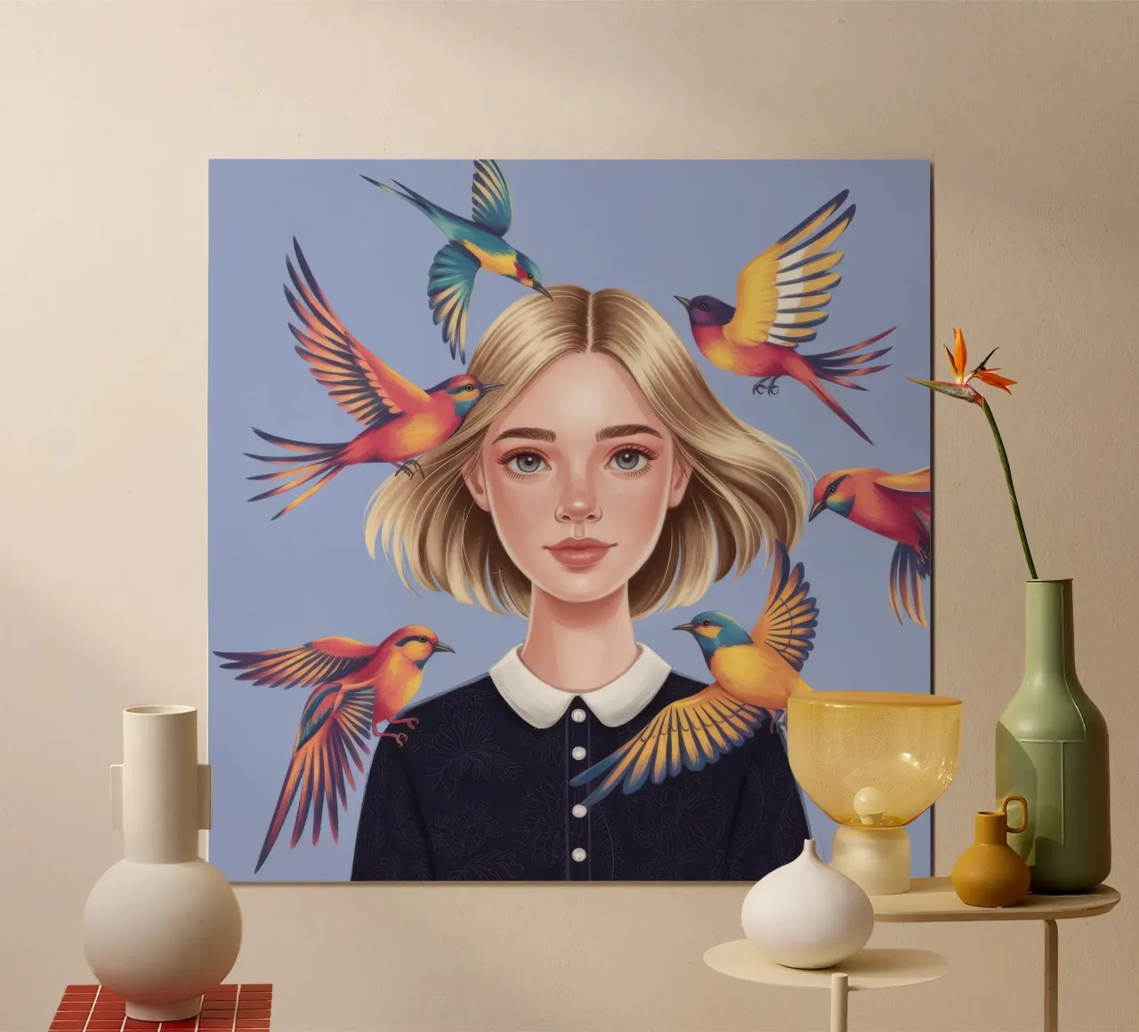 Uccelli Harmony Girl poster con telaio in legno da Nebula Verse