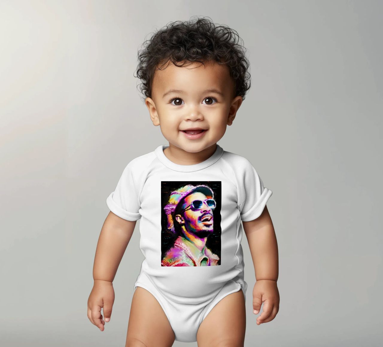 Stevie Wonder colorful pop art portrait short-sleeve baby romper by Hantamrata