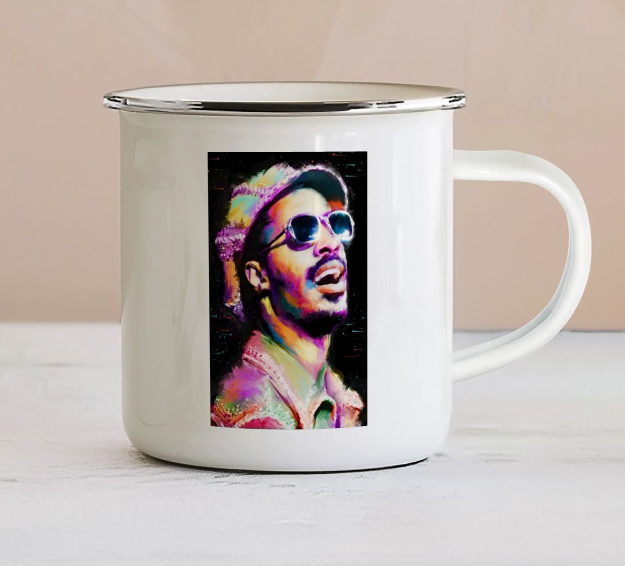 Stevie Wonder colorful pop art portrait enamel mug by Hantamrata