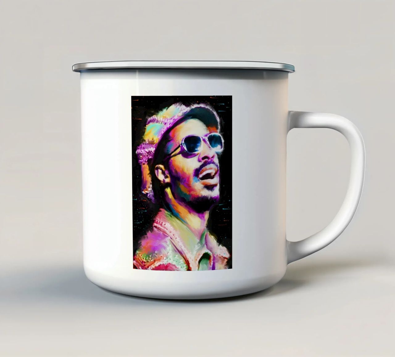 Stevie Wonder colorful pop art portrait enamel mug by Hantamrata
