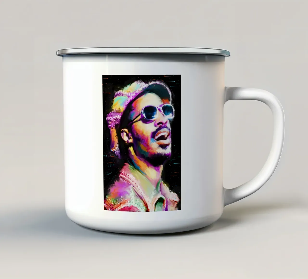 Stevie Wonder colorful pop art portrait tazza in smalto da Hantamrata
