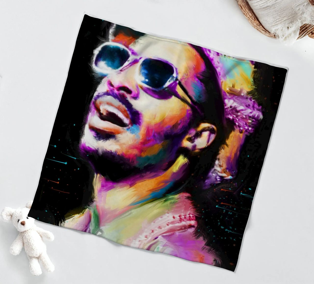 Stevie Wonder colorful pop art portrait fleece blanket by Hantamrata