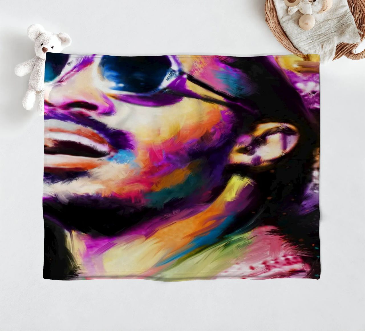 Stevie Wonder colorful pop art portrait fleece blanket by Hantamrata