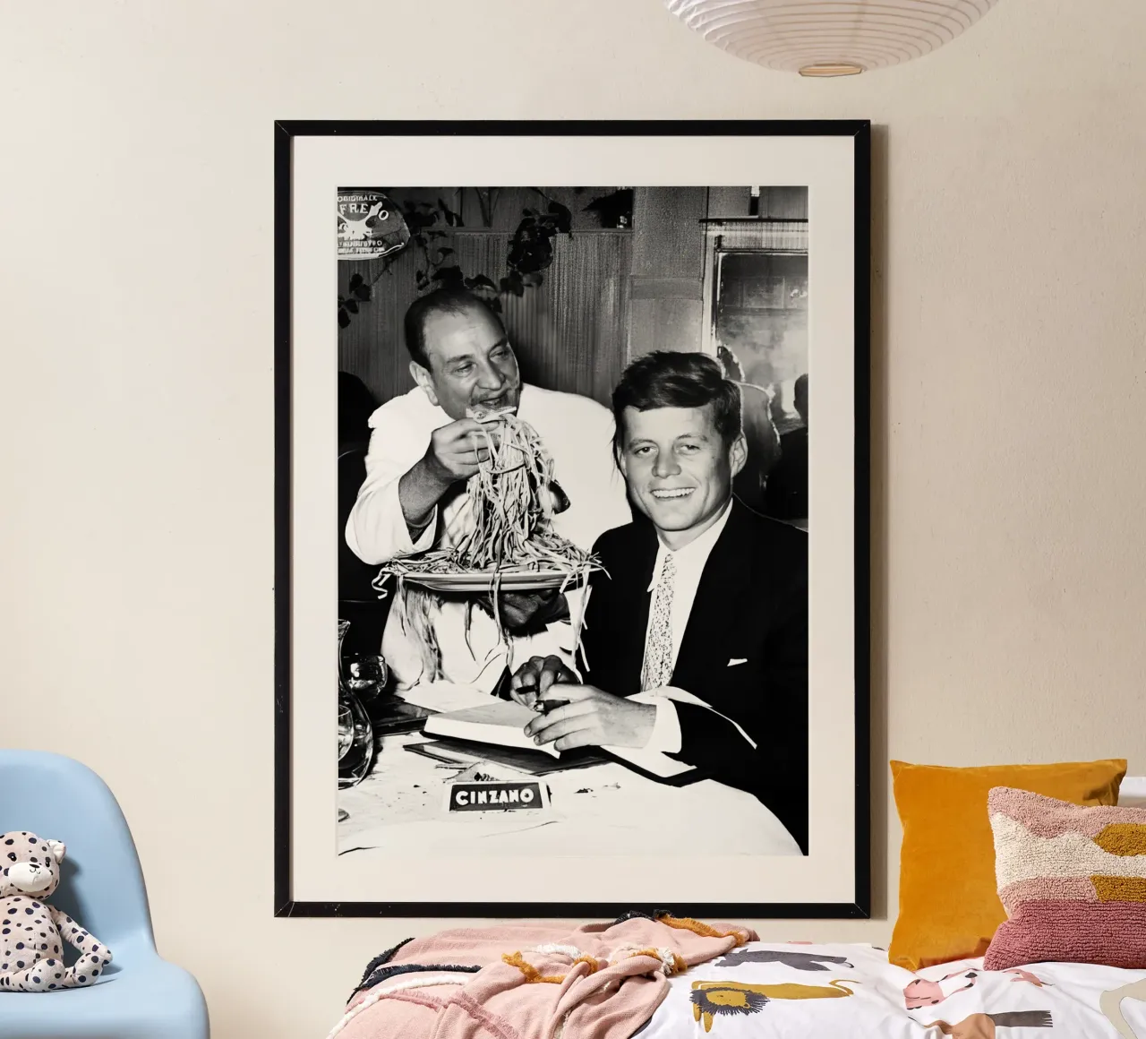 John F Kennedy Eating Spaghetti poster with plastic frame by rangginangs