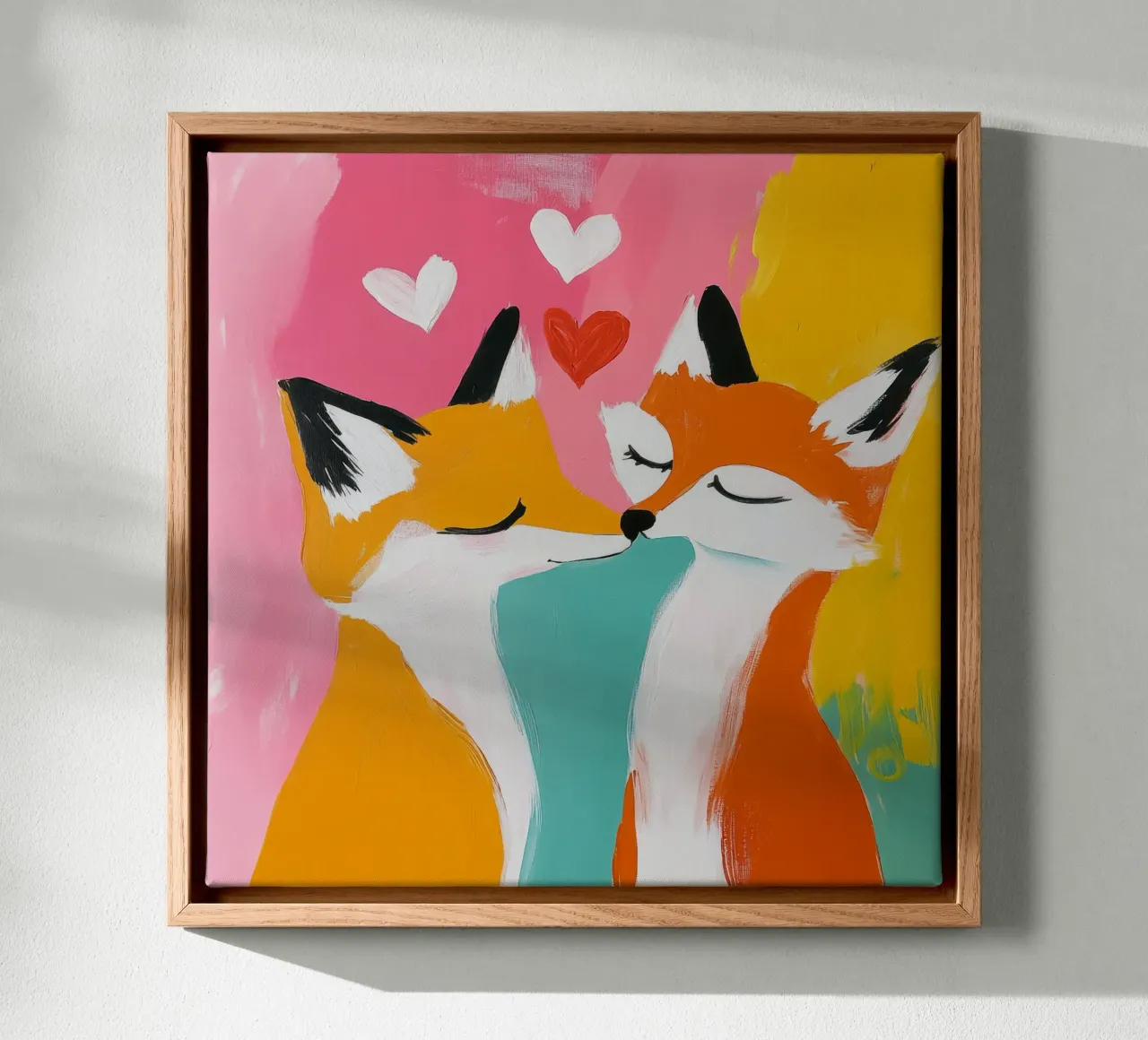 Skurrile Fuchs Liebe Kunst - Retro Midcentury Tier Wand drucken Leinwand mit Schattenfugenrahmen von Modern Muse