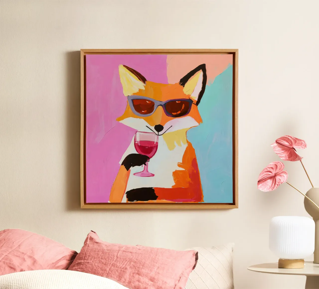 Funky Fox With Wine – Retro Cool Animal Art for Wall Decor canvas with Floater frame by Modern Muse
