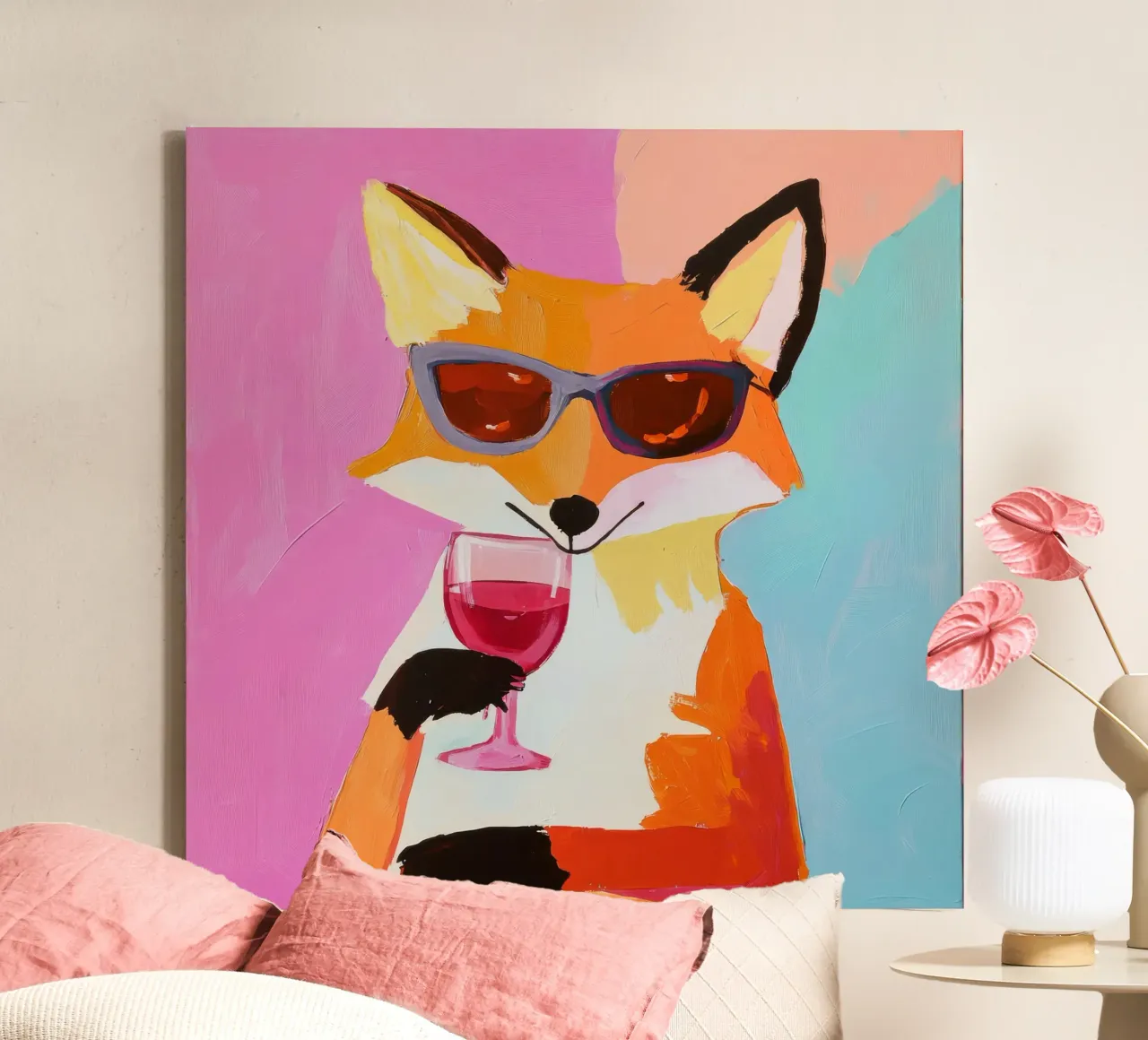Funky Fox With Wine – Retro Cool Animal Art for Wall Decor canvas with Floater frame by Modern Muse