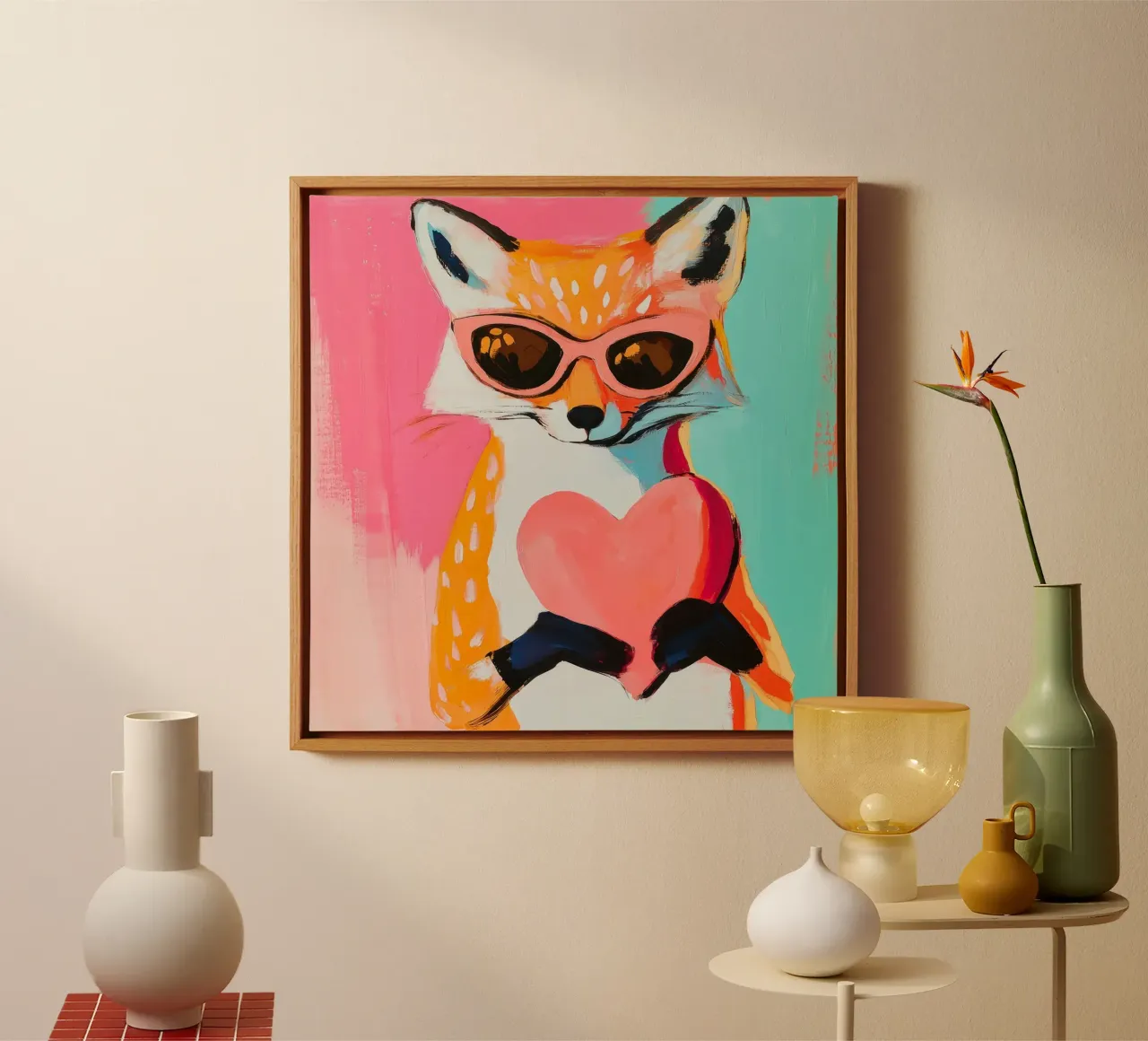 Lieve vos met hart - Retro dierenmuurkunst voor gezellige huizen canvas met Baklijst van Modern Muse