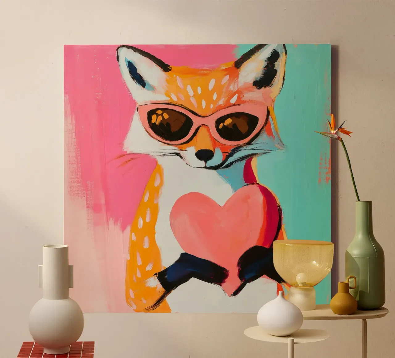 Lieve vos met hart - Retro dierenmuurkunst voor gezellige huizen canvas met Baklijst van Modern Muse