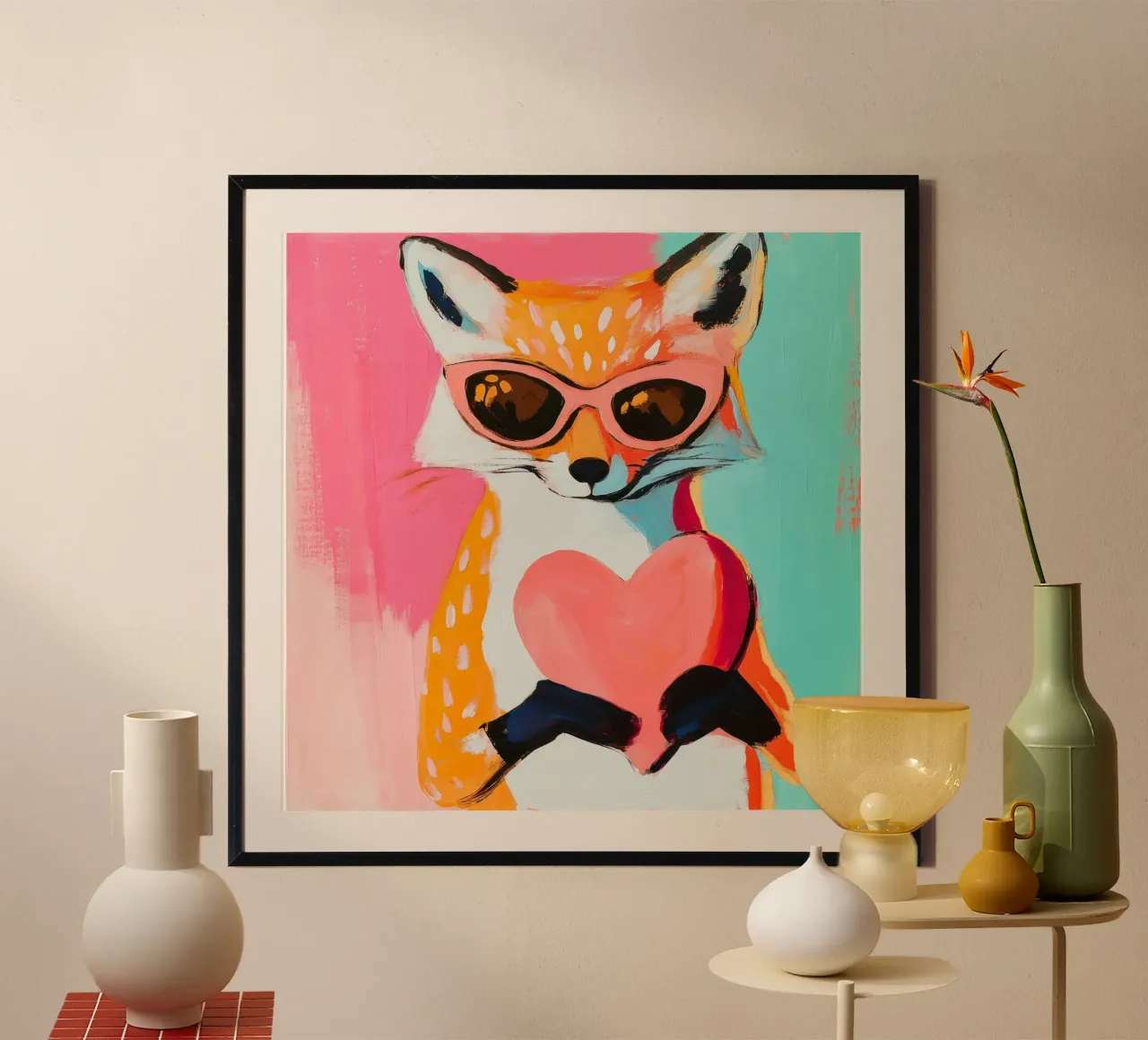 Adorabile volpe con cuore - Arte murale animale retrò per case accoglienti poster con telaio in legno da Modern Muse
