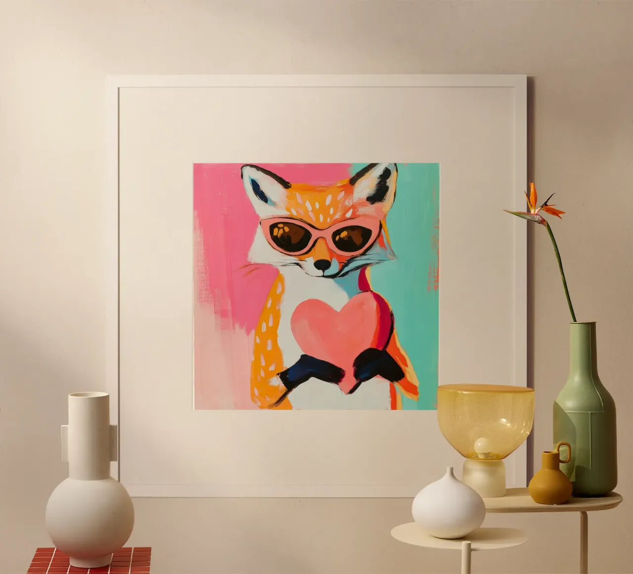 Adorabile volpe con cuore - Arte murale animale retrò per case accoglienti poster con telaio in legno da Modern Muse