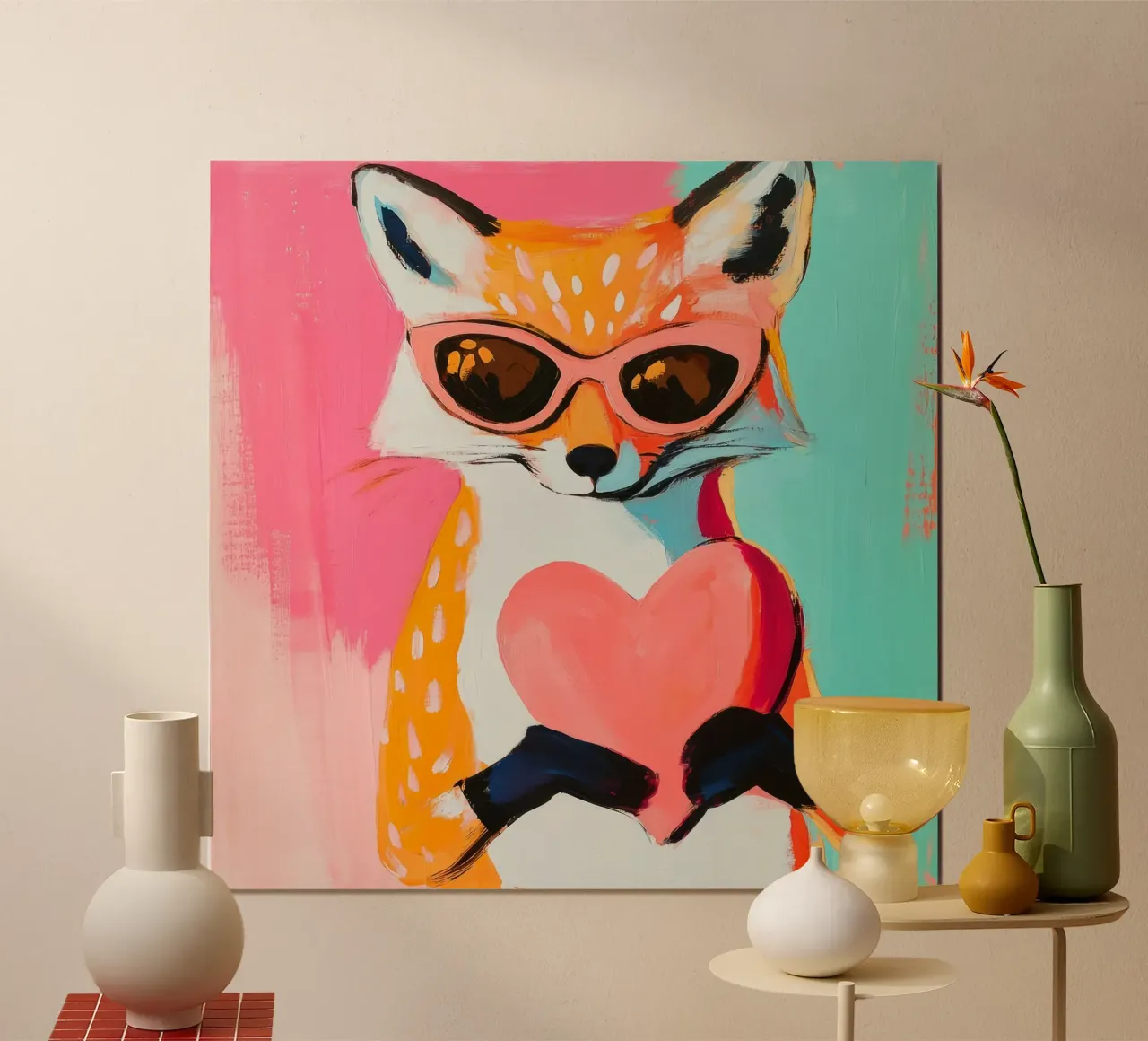 Adorabile volpe con cuore - Arte murale animale retrò per case accoglienti poster con telaio in legno da Modern Muse