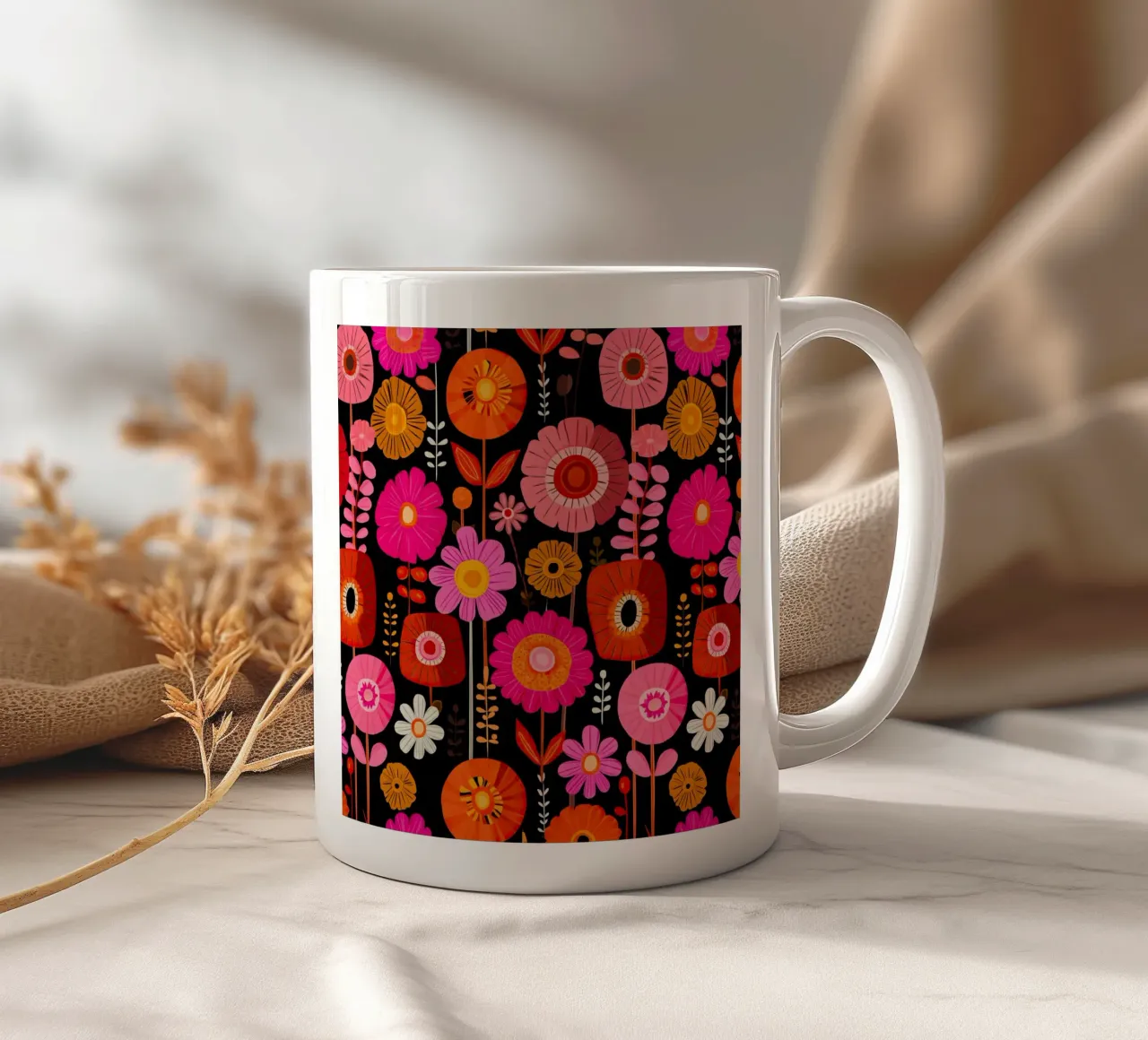 Fiori rosa arancione - motivo floreale retrò di metà secolo di Matisse tazza in ceramica da Modern Muse