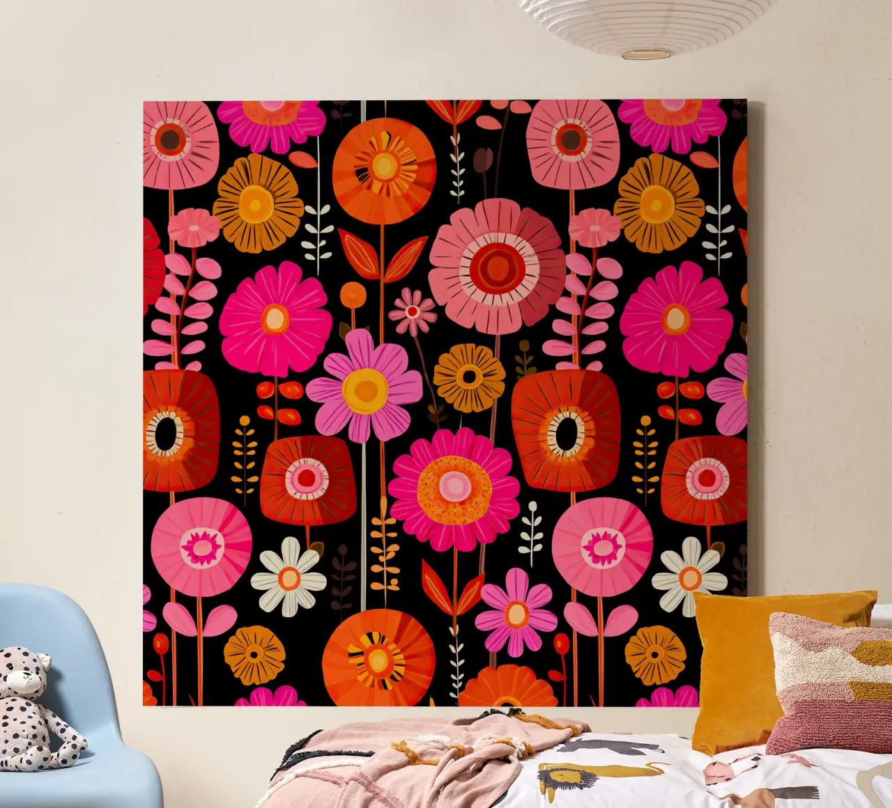Fiori rosa arancione - motivo floreale retrò di metà secolo di Matisse tela con Cornice a cassetta da Modern Muse
