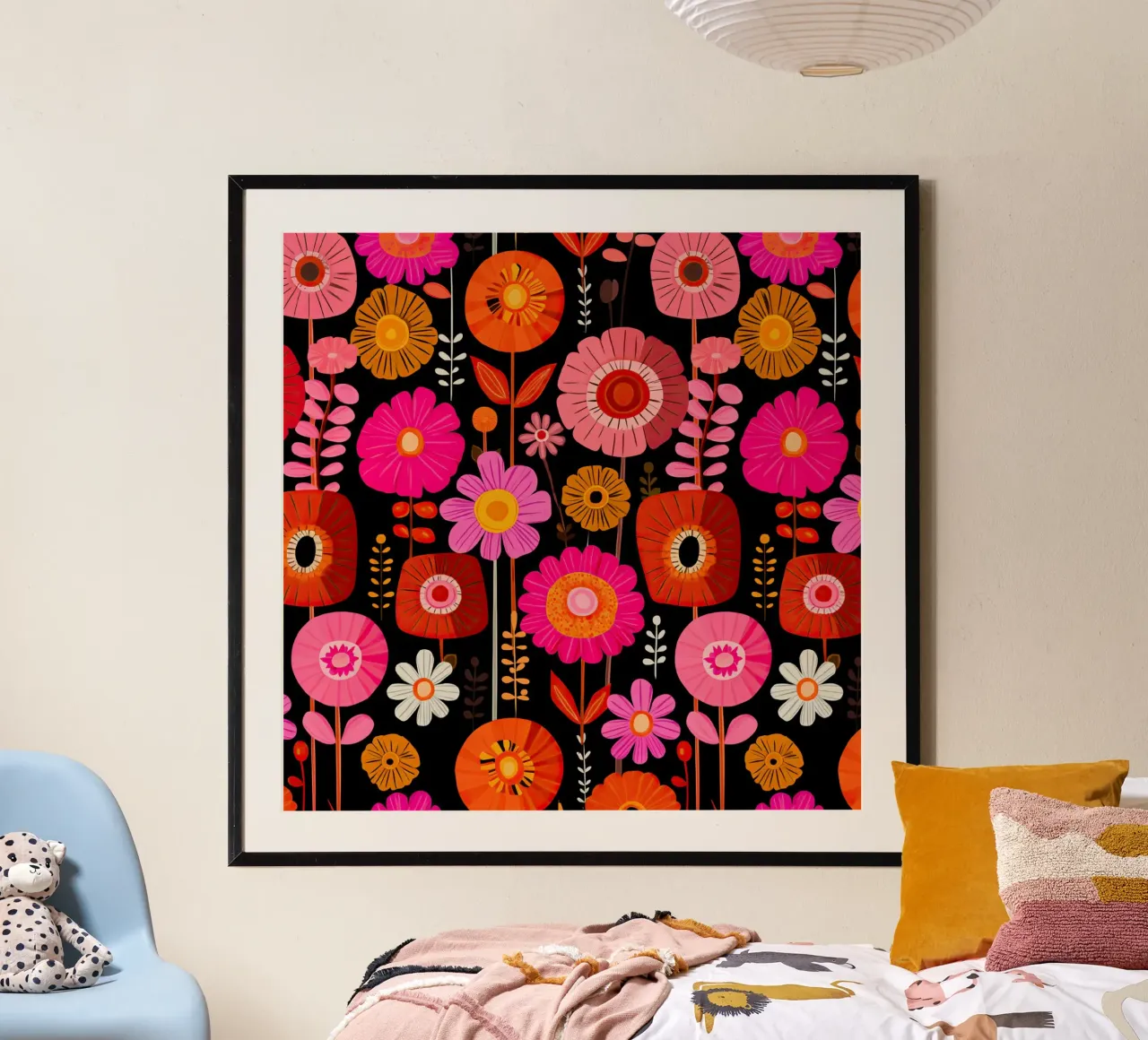 Fiori rosa arancione - motivo floreale retrò di metà secolo di Matisse poster con telaio in plastica da Modern Muse