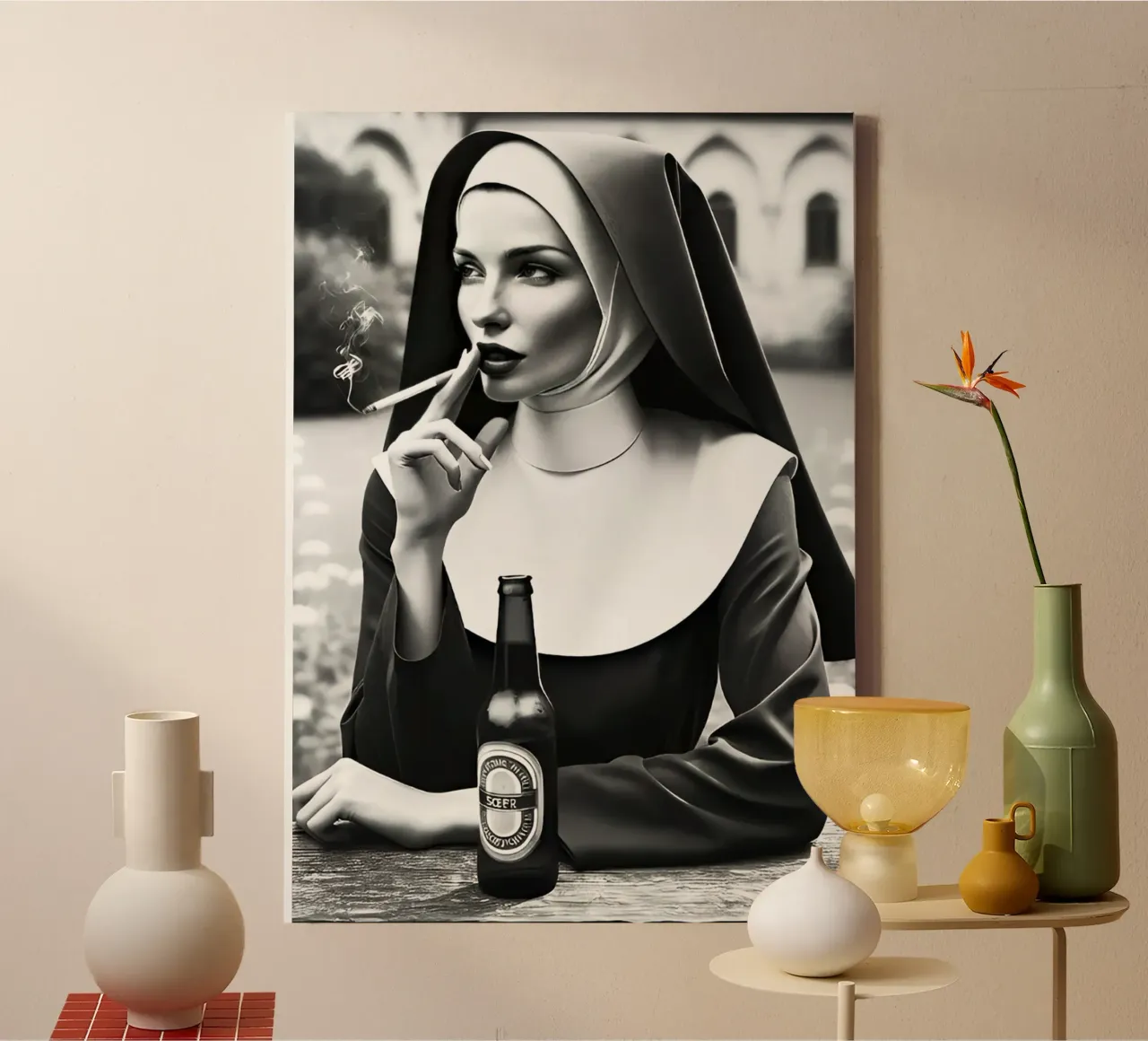 suora che fuma e beve tela con Cornice a cassetta da rangginangs