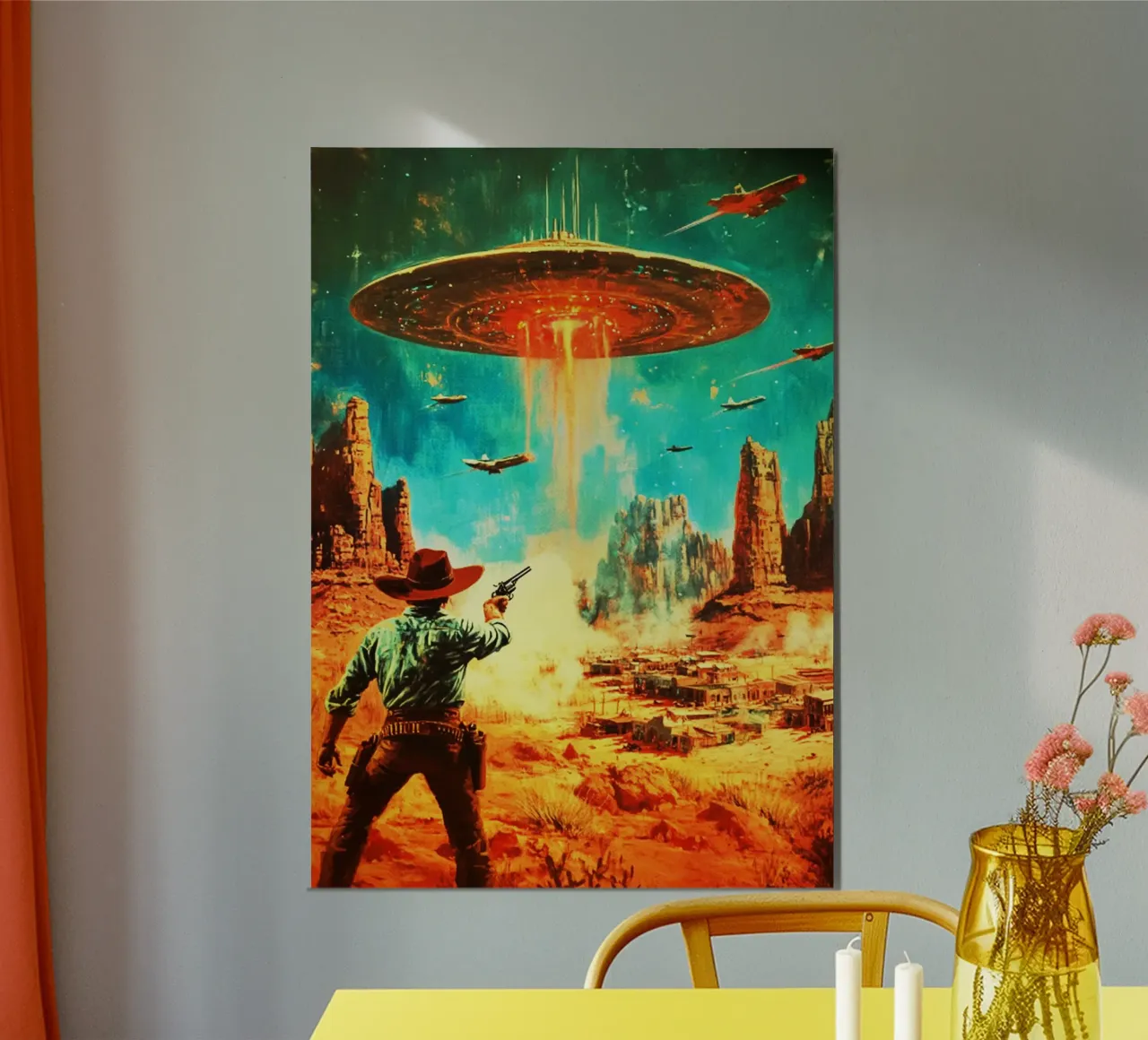 Un vaquero defiende un pueblo del desierto del ataque de un ovni poster con marco de aluminio de kembangross